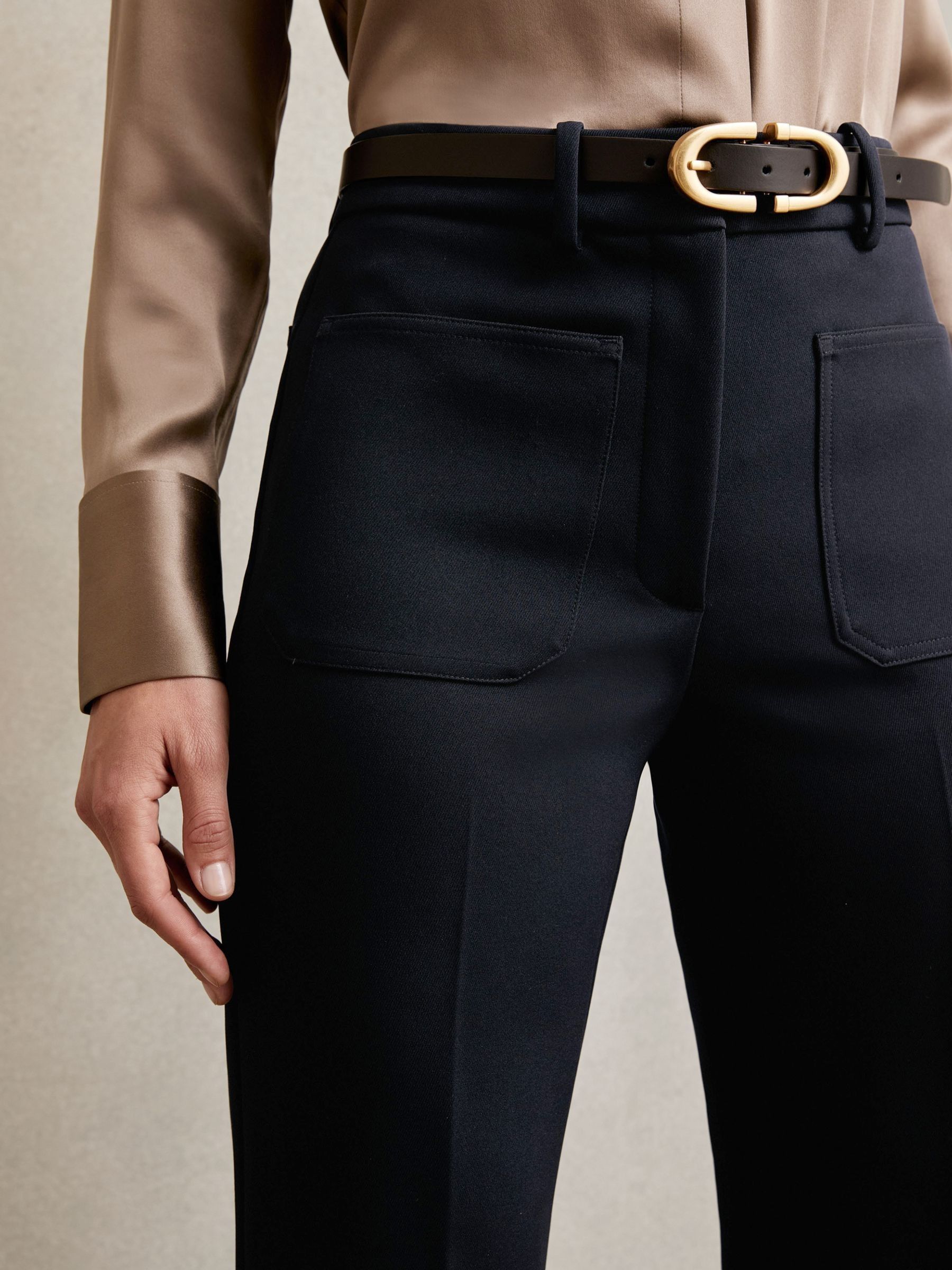 Petite Twill Patch-Pocket Flared Trousers in Navy - Image 4 of 8