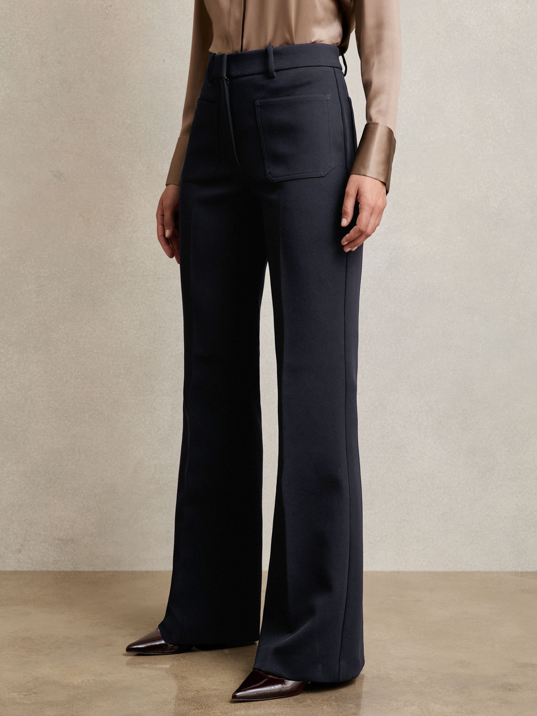 Petite Twill Patch-Pocket Flared Trousers in Navy - Image 5 of 8