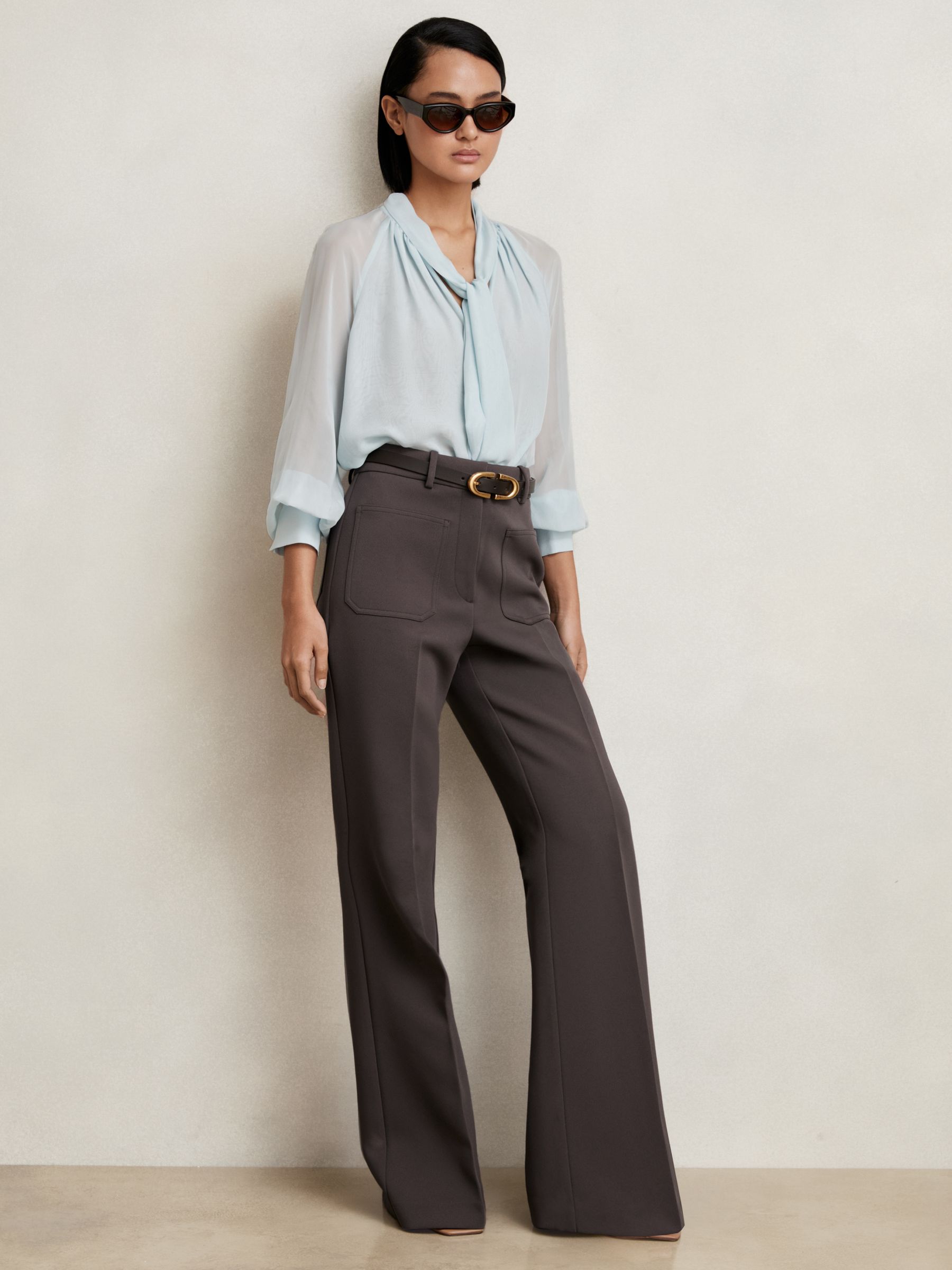 Petite Twill Patch-Pocket Flared Trousers in Mauve Neutral - Image 3 of 7