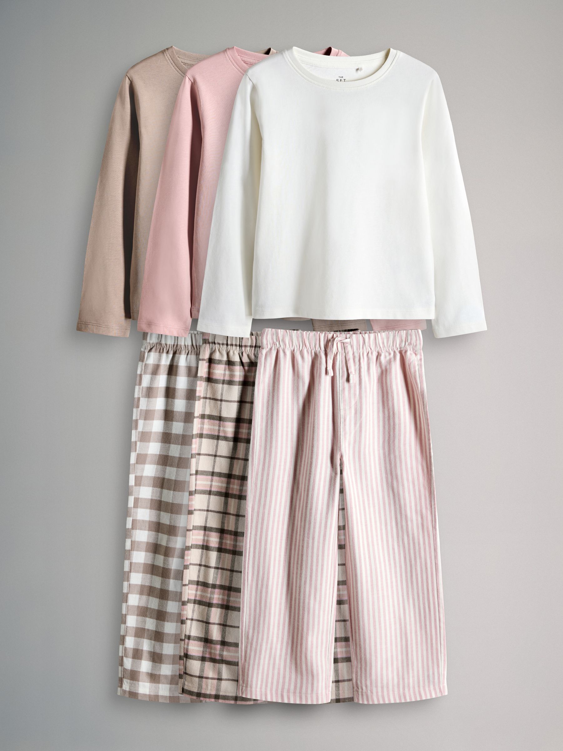 Pink/Cream/Brown 3 Pack Long Sleeve Cotton Jersey T-Shirt and Woven Bottom Pyjamas Set - Image 1 of 6