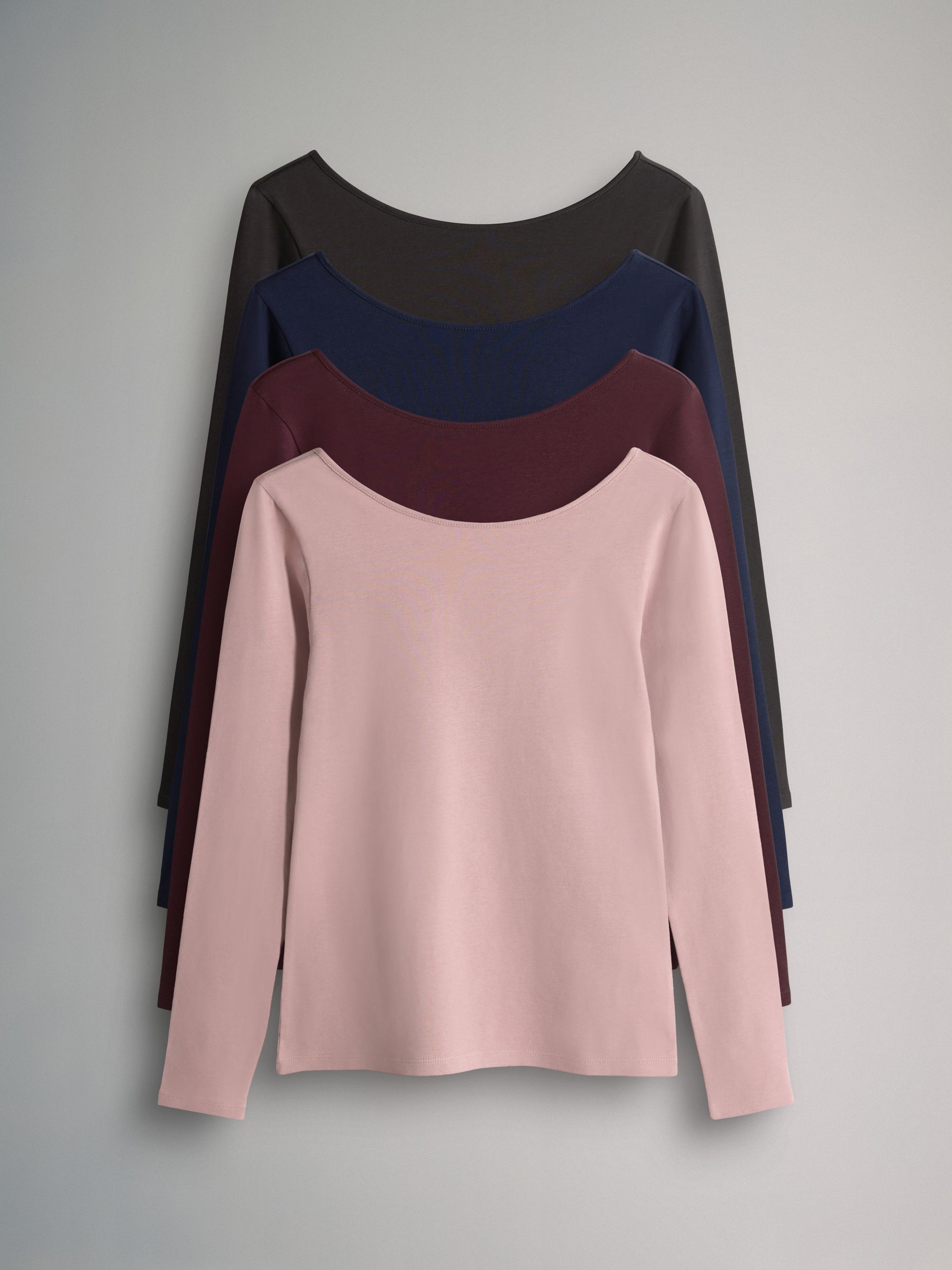 Navy Blue/Chocolate Brown/Dark Red/Mid Pink - 4 Pack Scoop Back Long Sleeved T-Shirts - Image 1 of 7