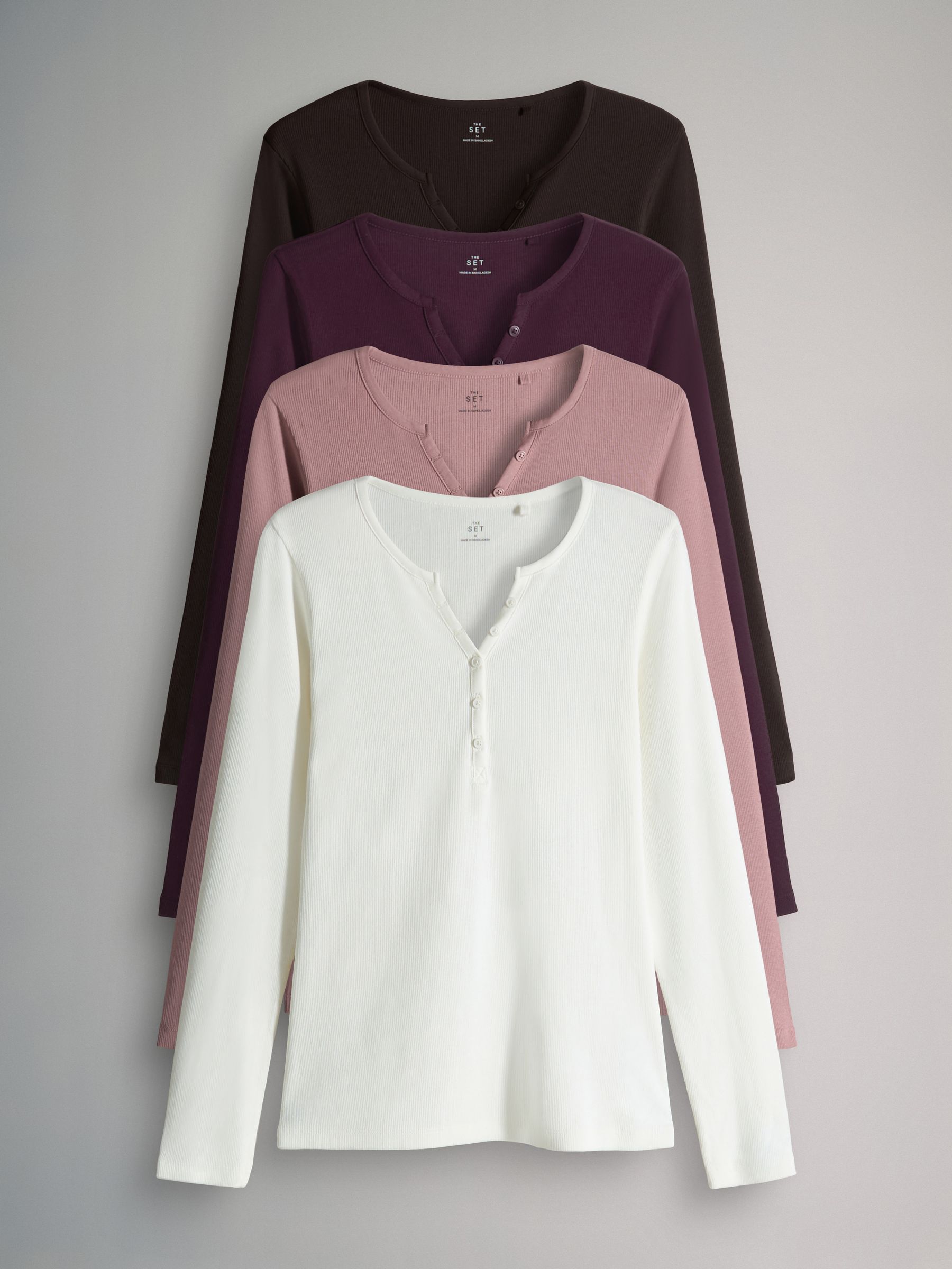 Chocolate Brown/ Pink/Cream - 4 Pack Ribbed Henley Long Sleeve T-Shirts - Image 1 of 7