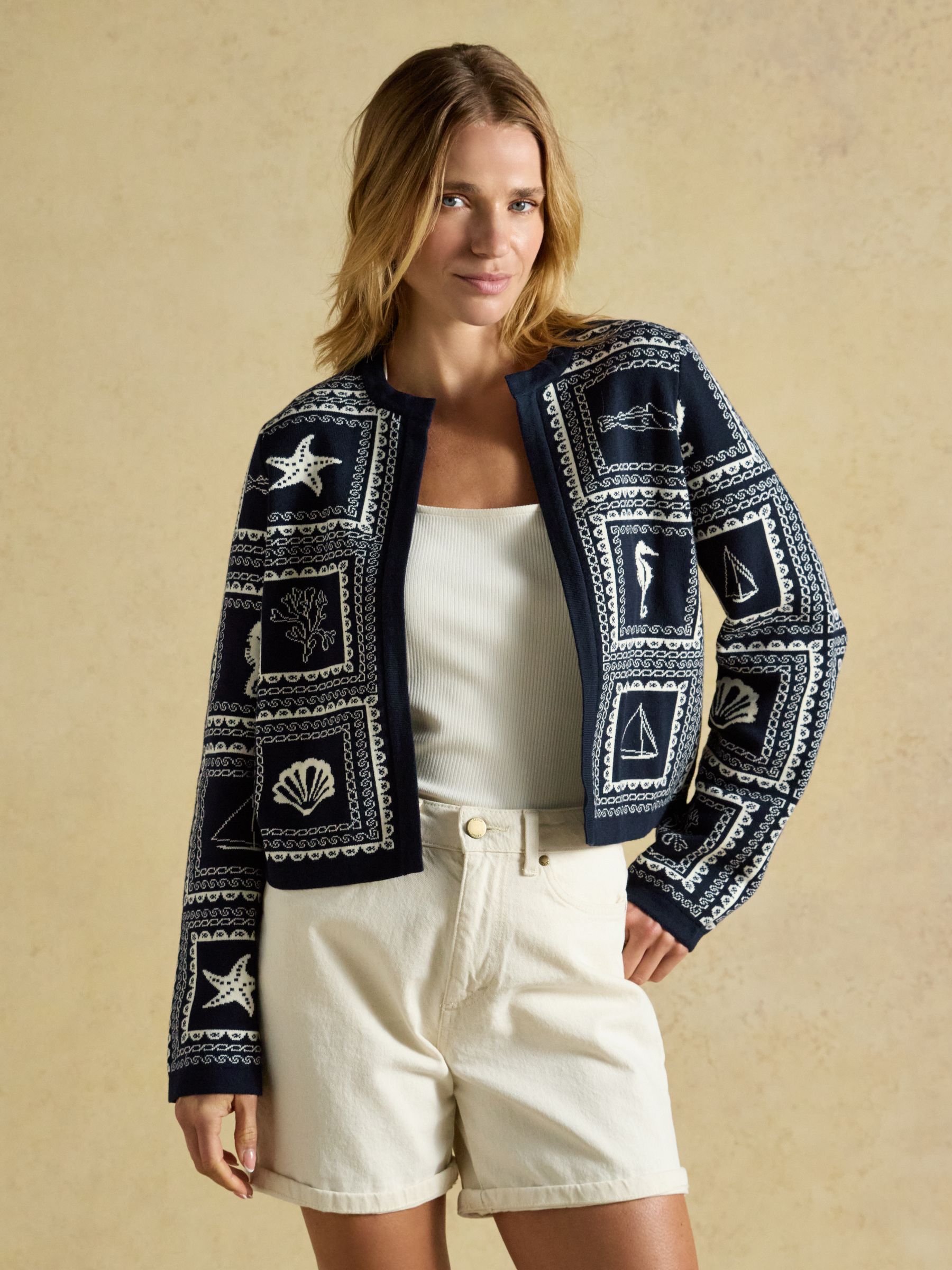 Navy & Cream Ocean Tile Cotton Knitted Cardigan - Image 1 of 7