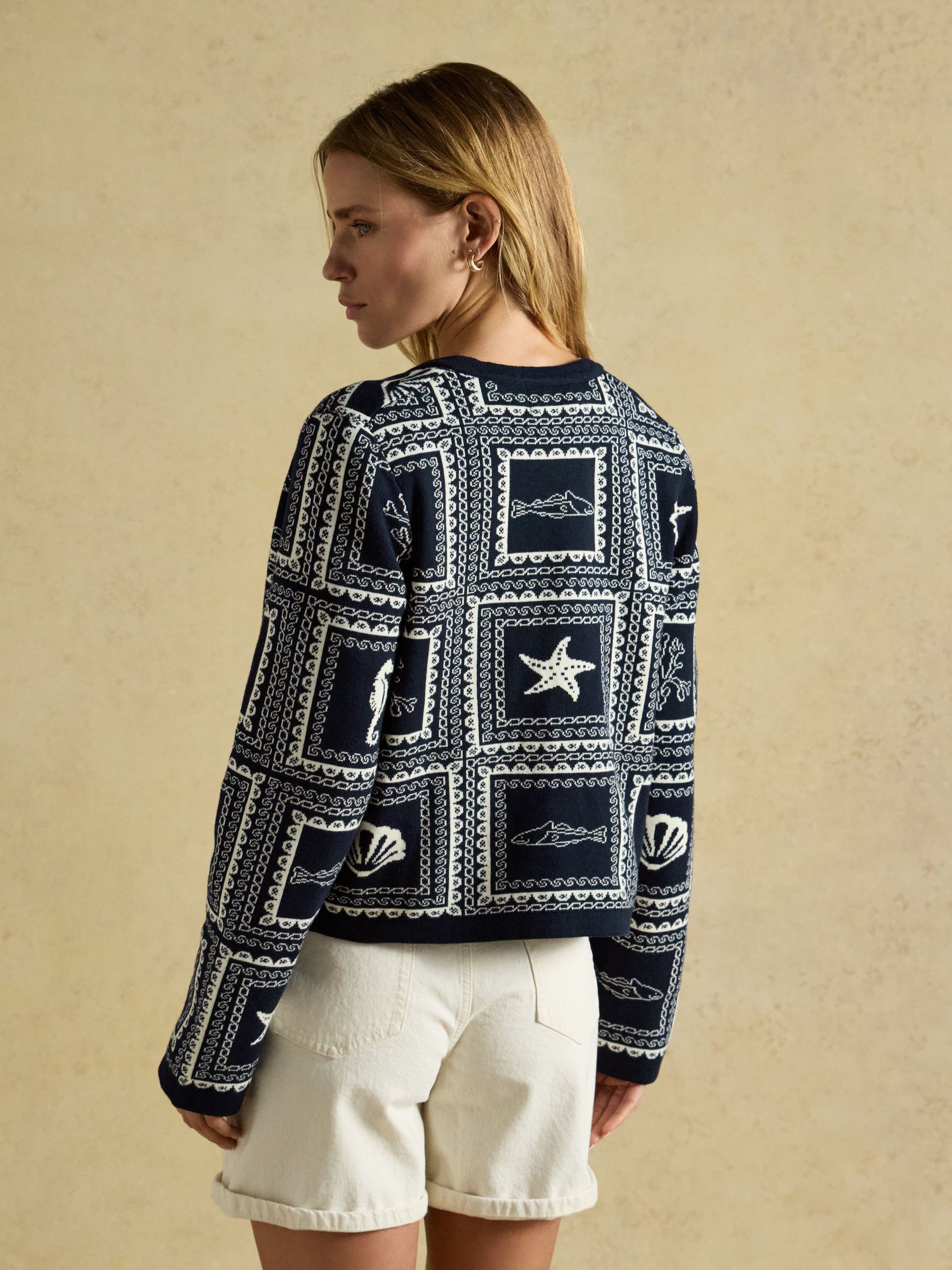 Navy & Cream Ocean Tile Cotton Knitted Cardigan - Image 2 of 7