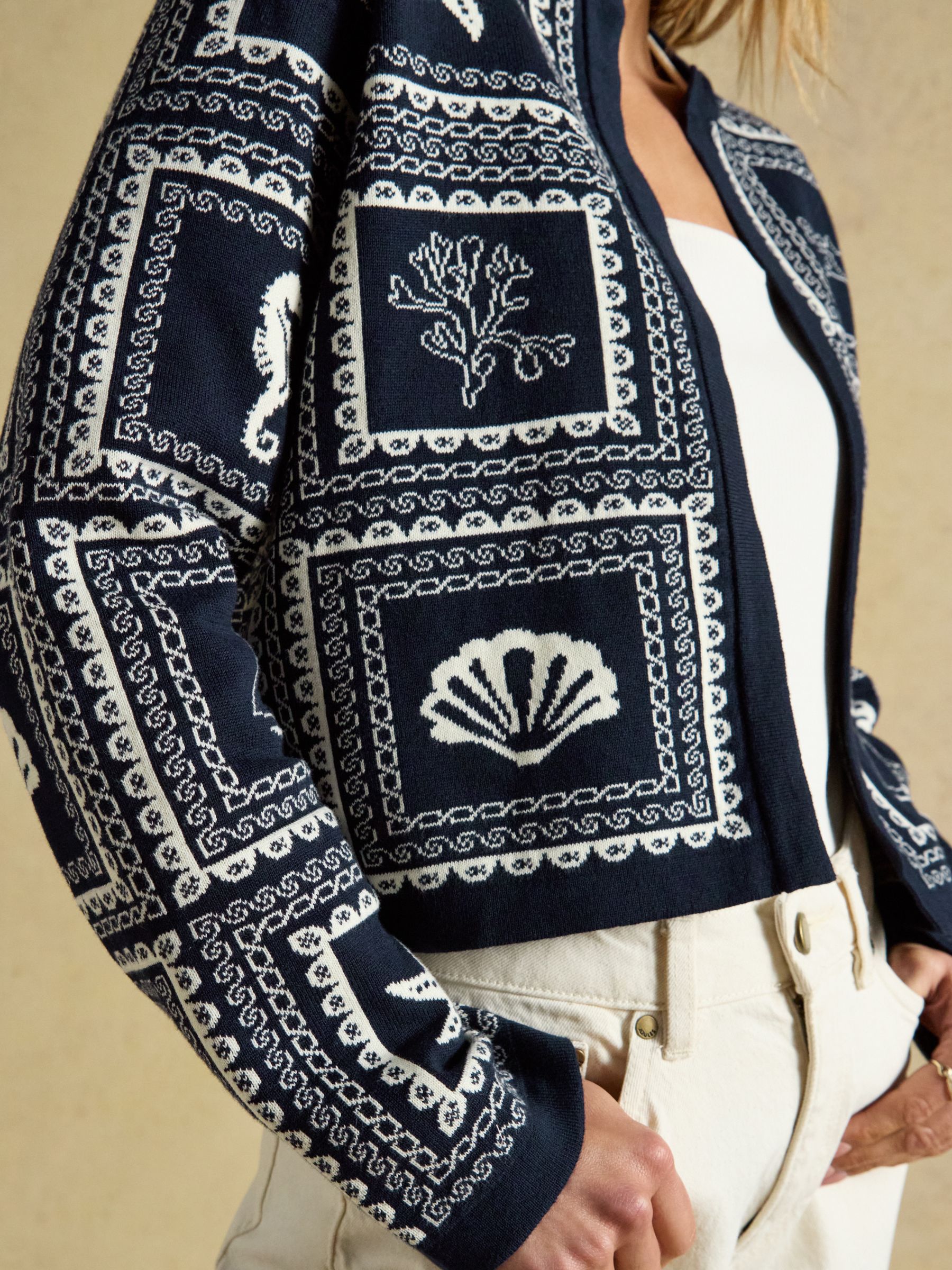 Navy & Cream Ocean Tile Cotton Knitted Cardigan - Image 4 of 7