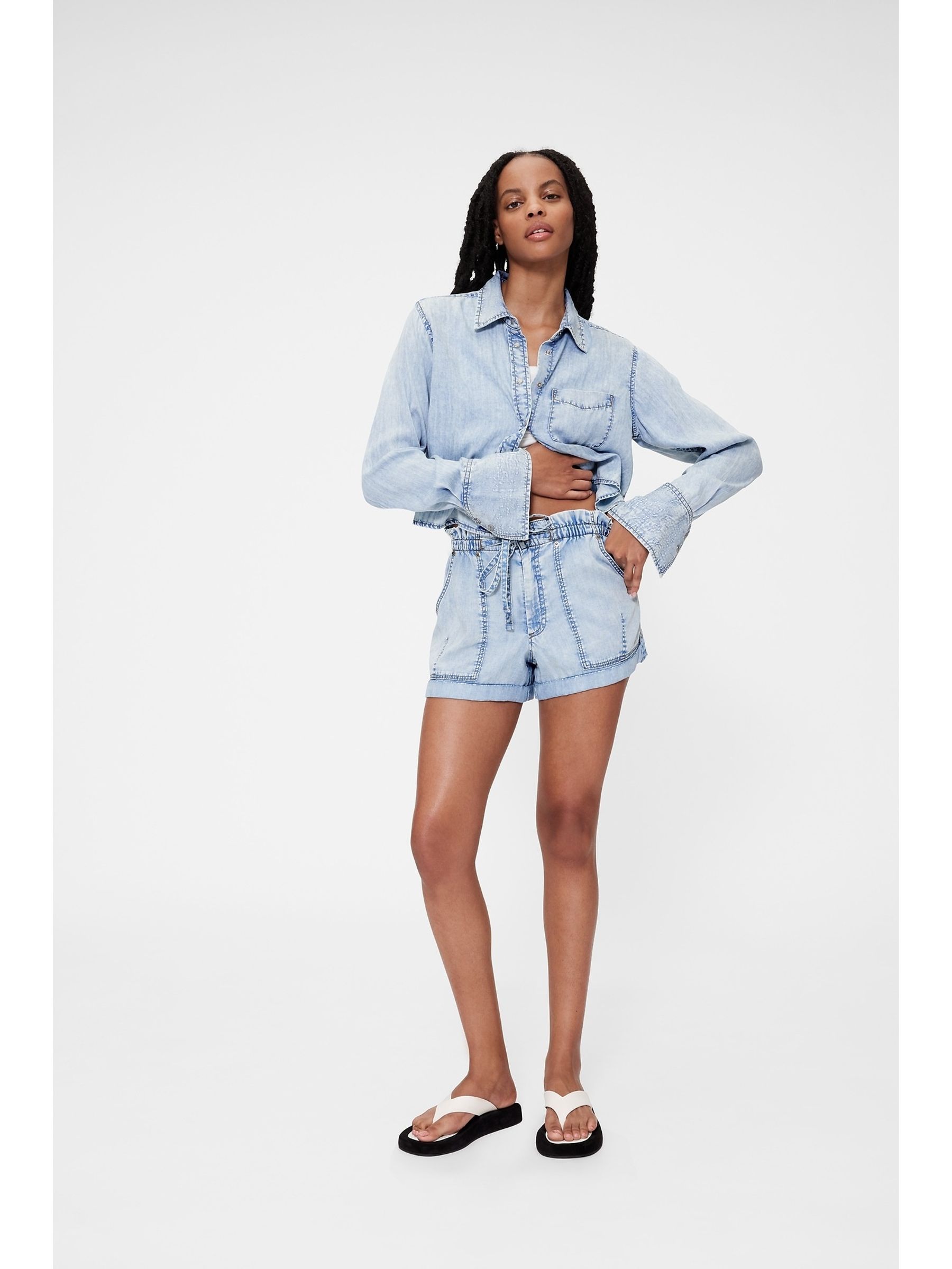 GapStudio Blue High Rise Draped Denim Easy Shorts - Image 6 of 6