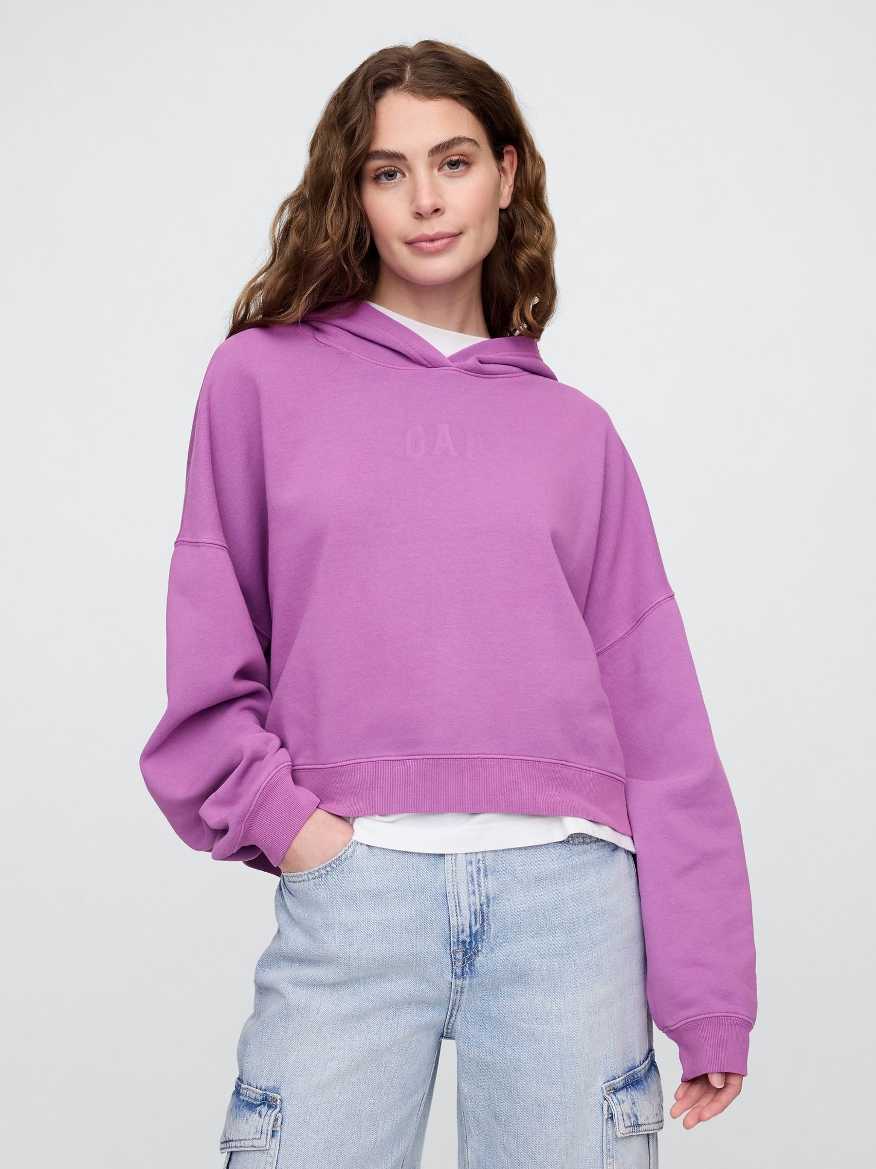 Purple Relaxed Mini-Logo Cropped Hoodie - Image 1 of 3