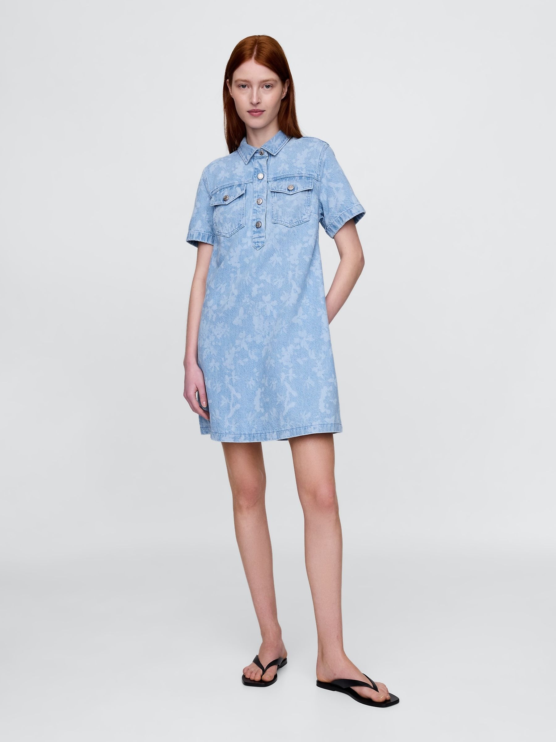 Blue UltraSoft Denim Floral Mini Shirt Dress | Gap