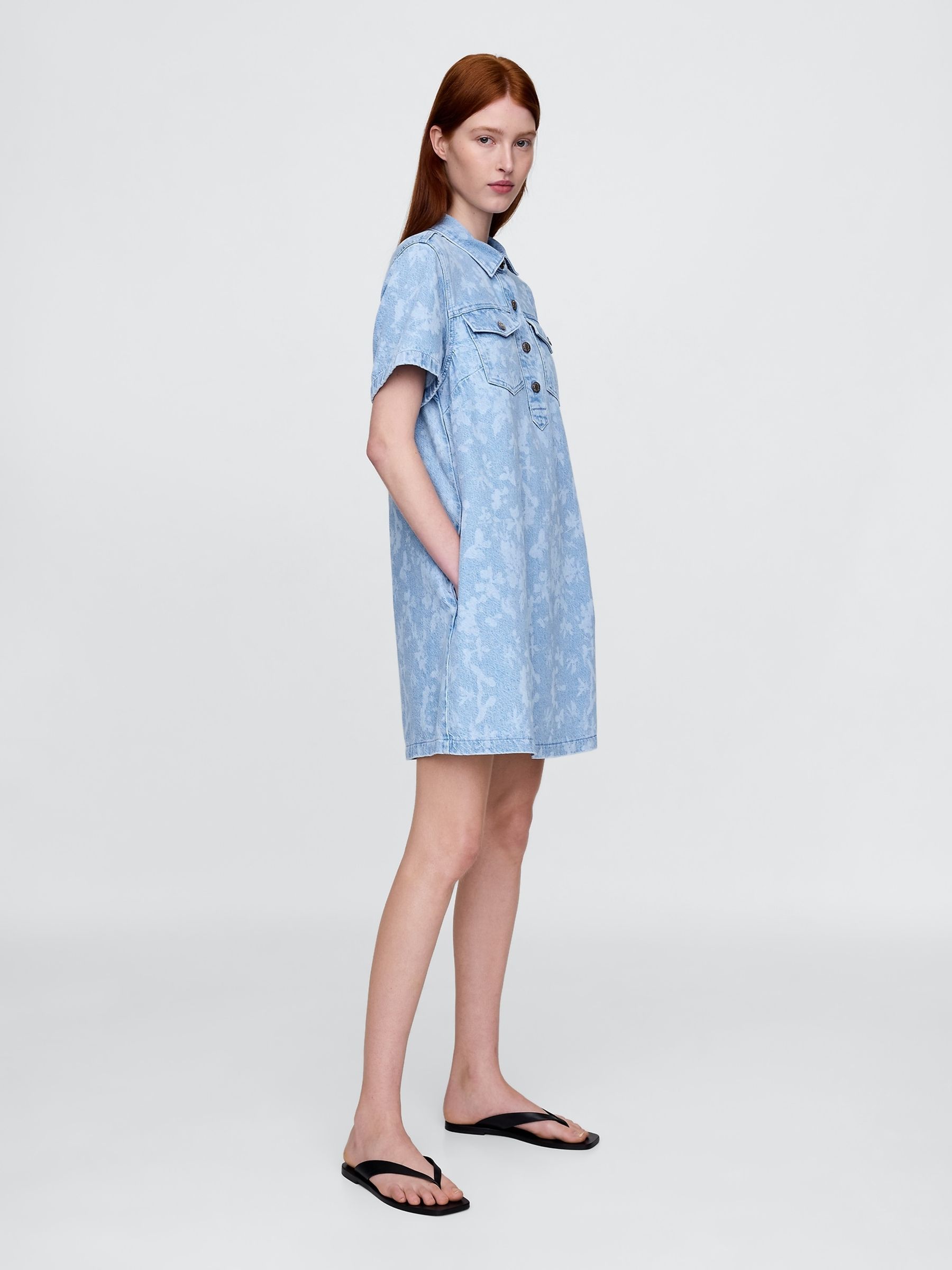 Blue UltraSoft Denim Floral Mini Shirt Dress - Image 3 of 5