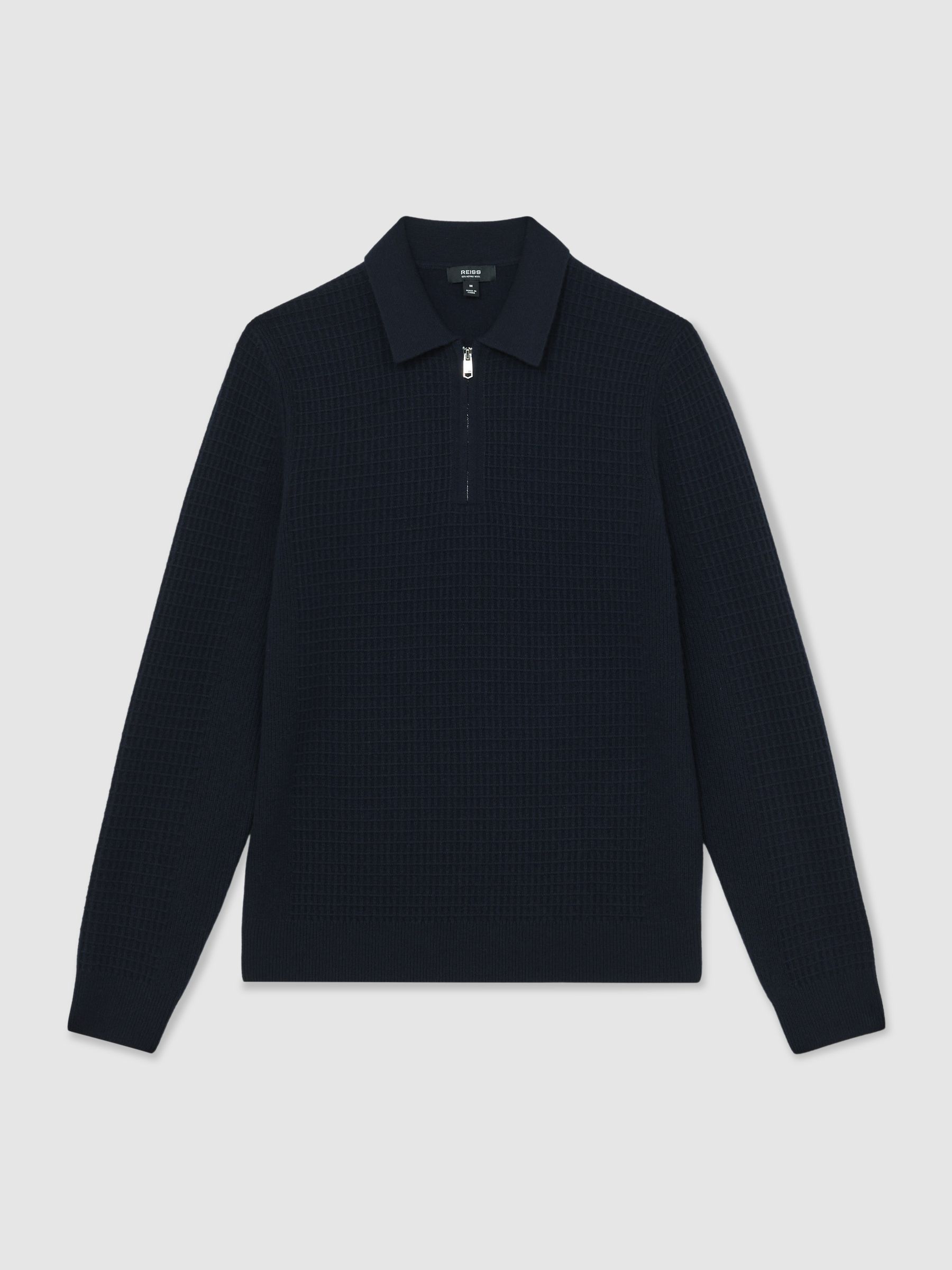 Wool Waffle-Knit Half-Zip Polo Shirt in Navy - Image 2 of 5