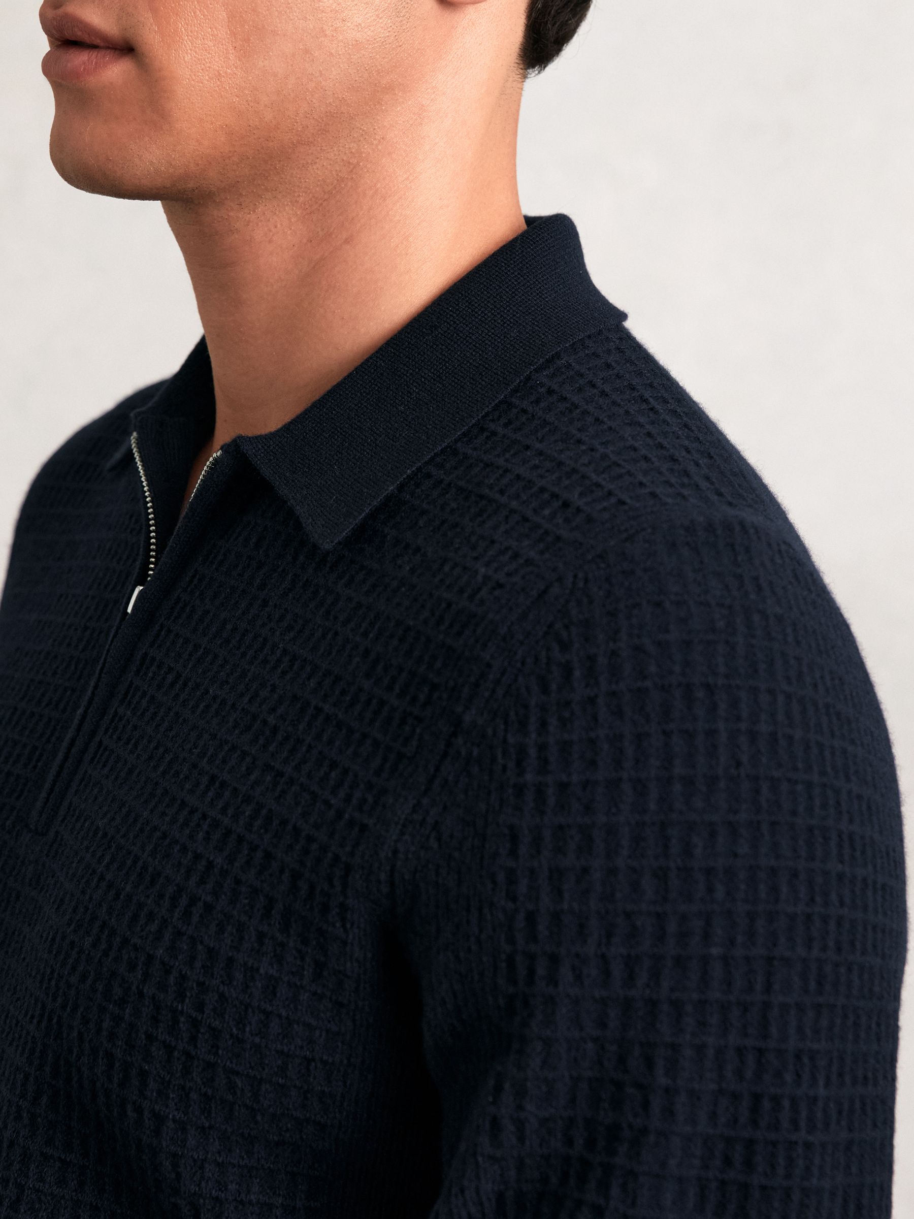 Wool Waffle-Knit Half-Zip Polo Shirt in Navy - Image 3 of 5