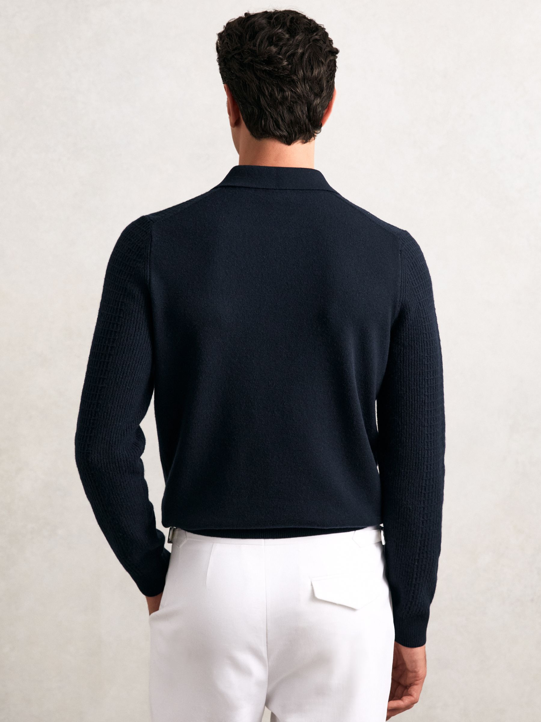Wool Waffle-Knit Half-Zip Polo Shirt in Navy - Image 4 of 5