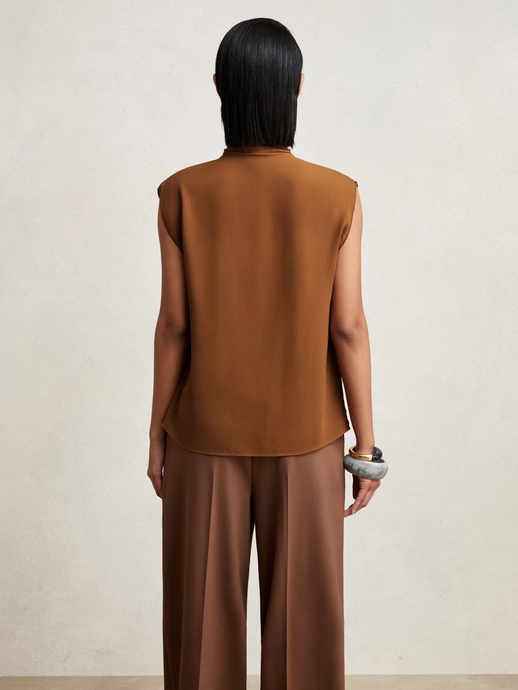 Crepe-Chiffon Ruffle Sleeveless Top in Tan Brown - Image 6 of 7