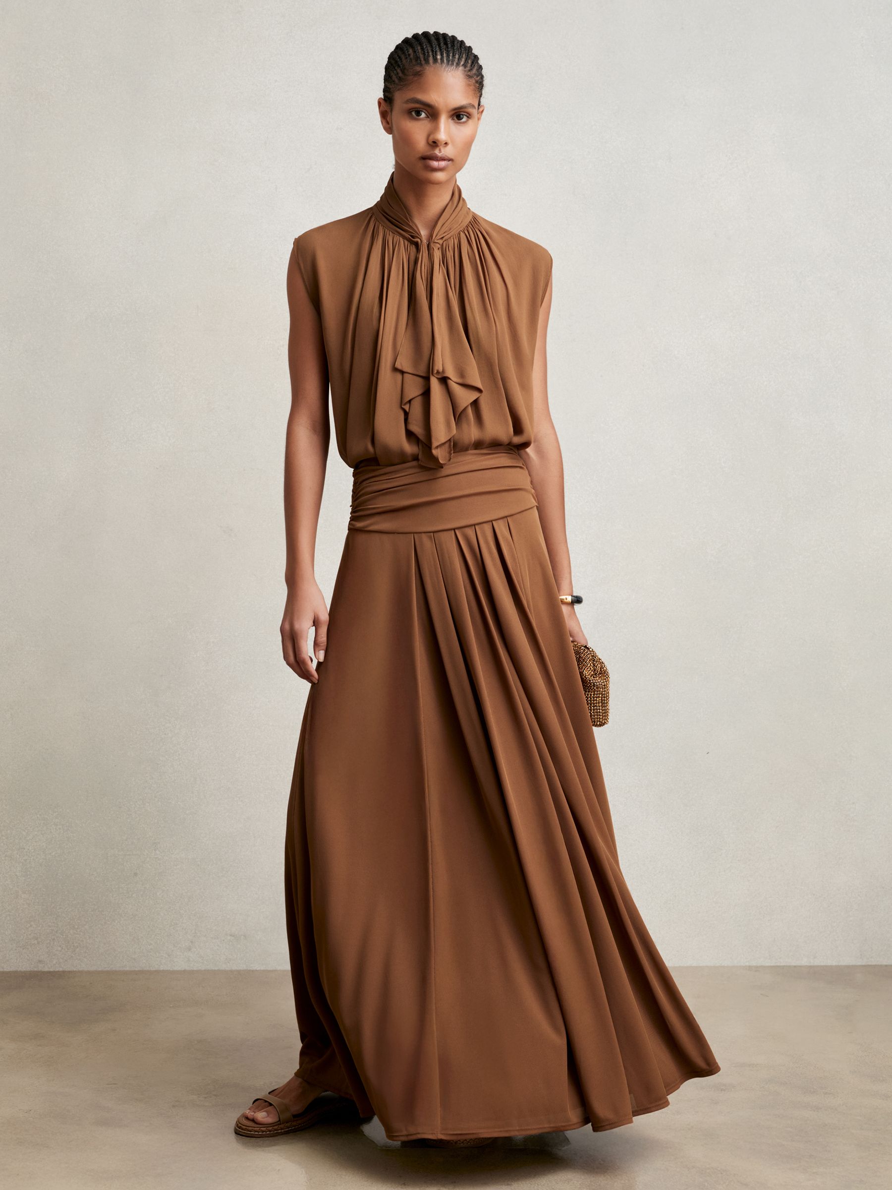 Jersey Ruched-Waist Maxi Skirt in Tan Brown - Image 1 of 6 Jersey Ruched-Waist Maxi Skirt in Tan Brown - Image 1 of 6