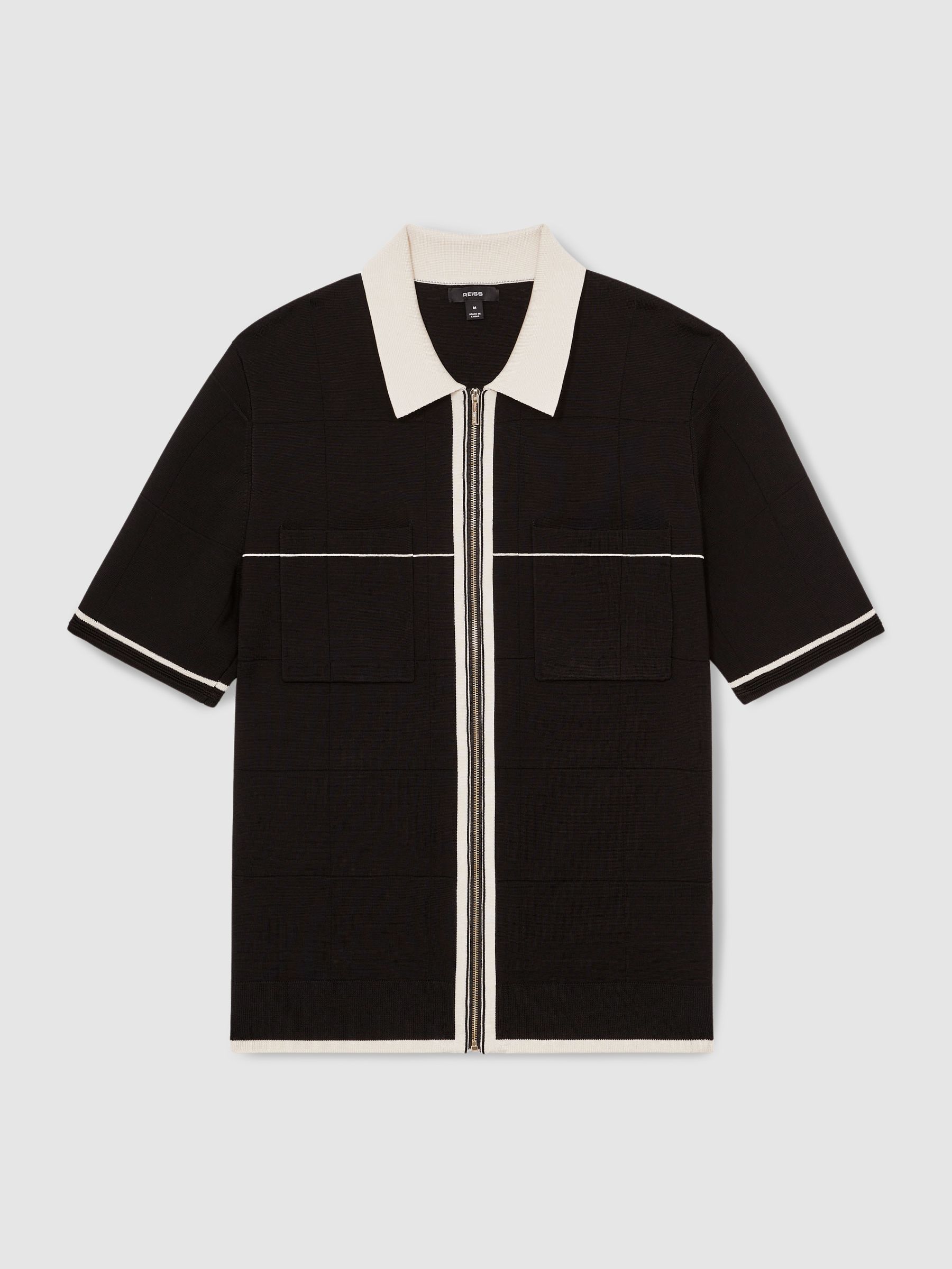 Compact-Knit Tipped Zip-Through Shirt in Black/Stone - Image 2 of 5