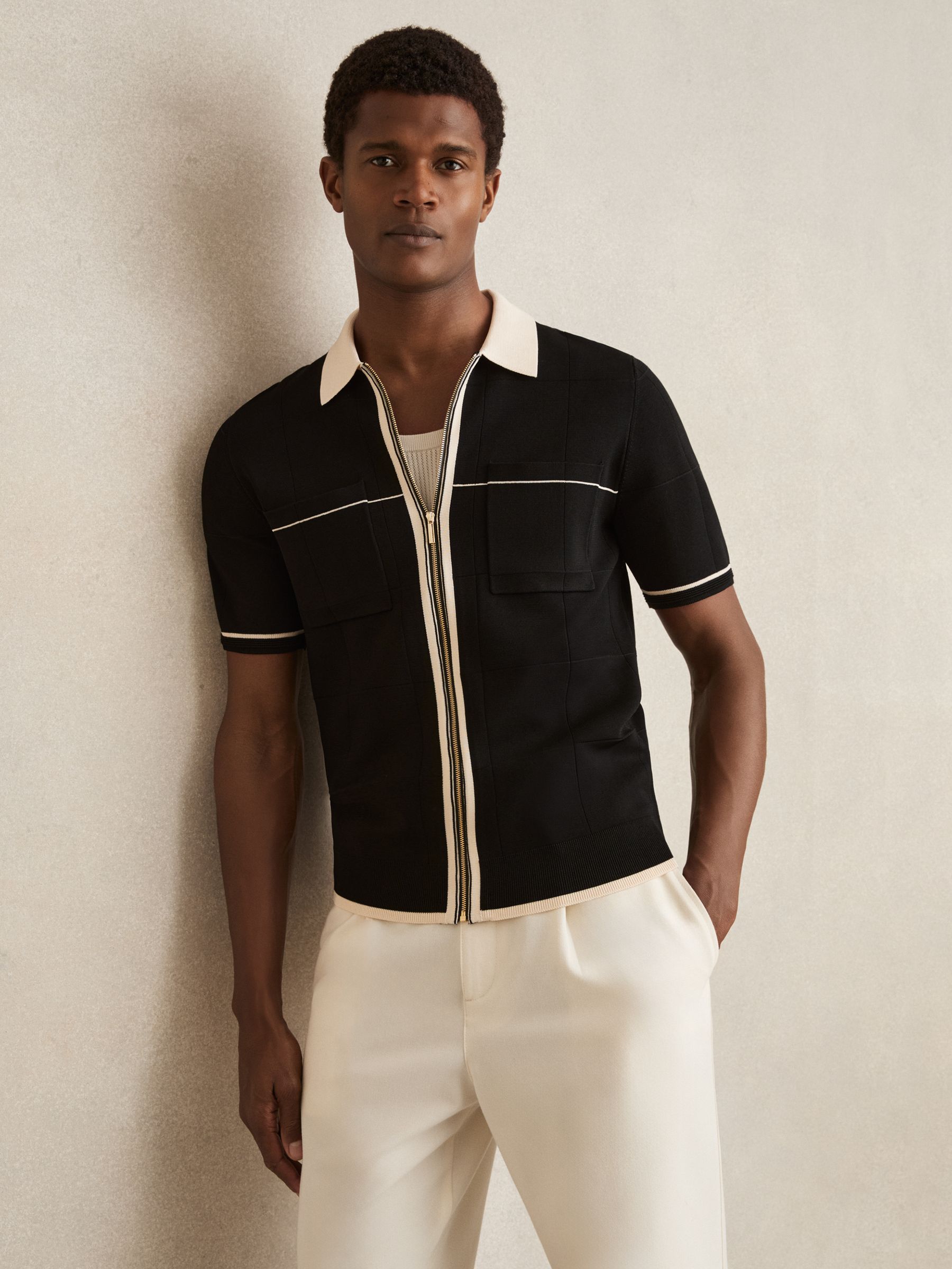Compact-Knit Tipped Zip-Through Shirt in Black/Stone - Image 3 of 5
