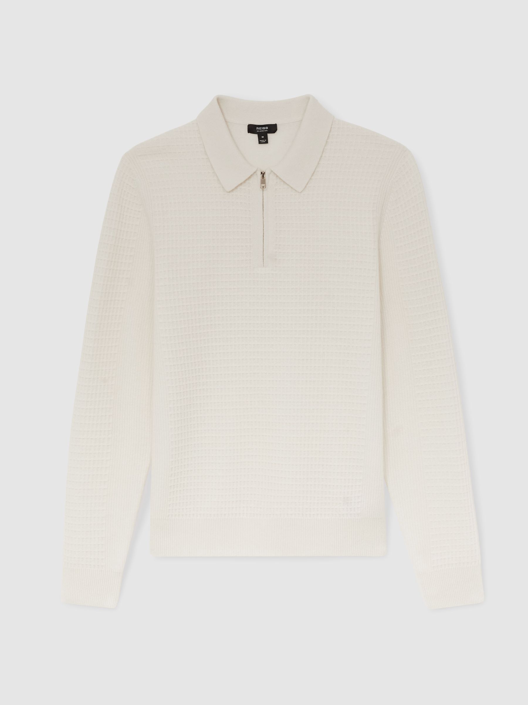 Wool Waffle-Knit Half-Zip Polo Shirt in Off White - Image 2 of 6