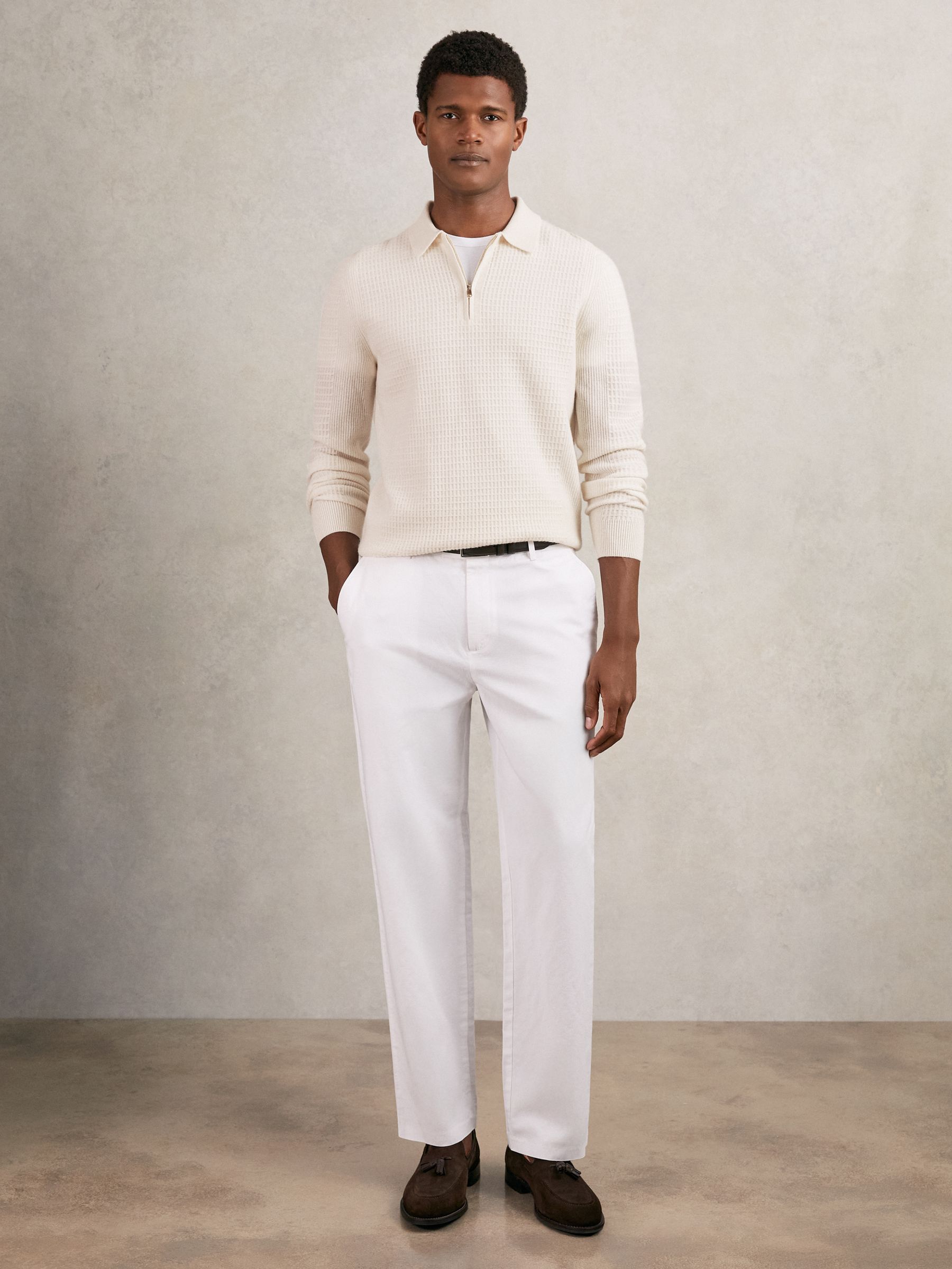 Reiss Wool Waffle-Knit Half-Zip Polo Shirt in Off White | REISS