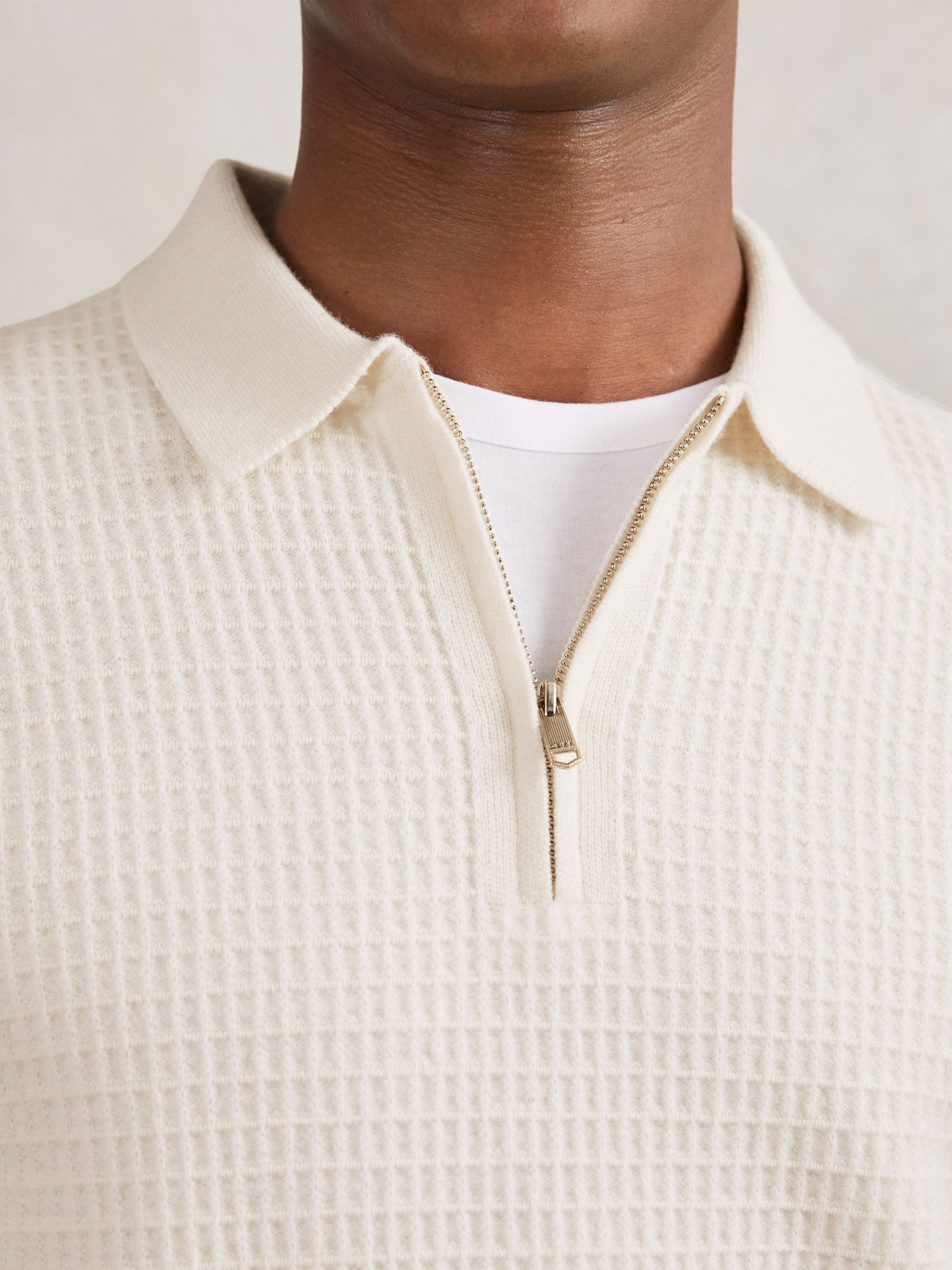 Wool Waffle-Knit Half-Zip Polo Shirt in Off White - Image 4 of 6