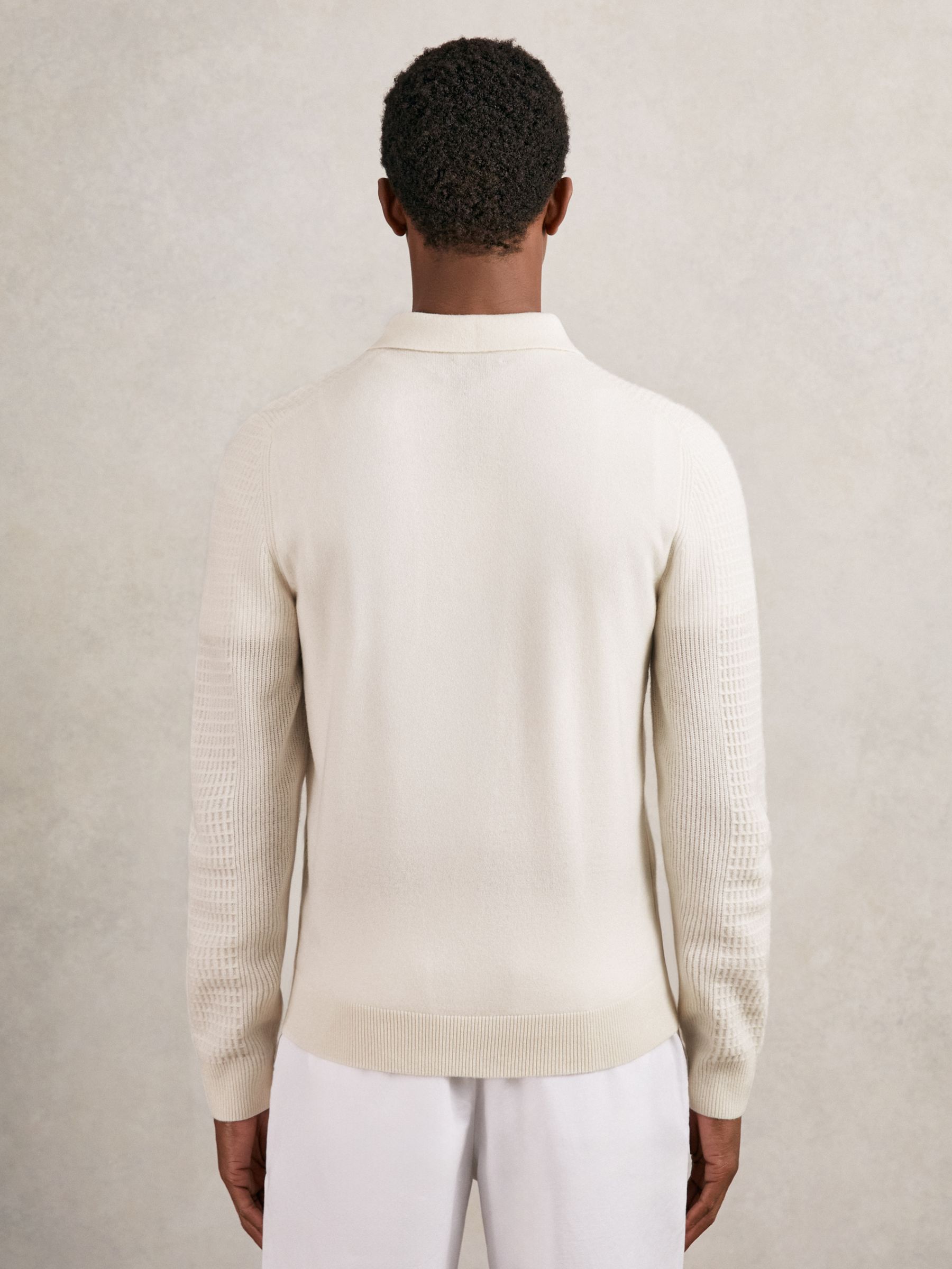 Wool Waffle-Knit Half-Zip Polo Shirt in Off White - image 5