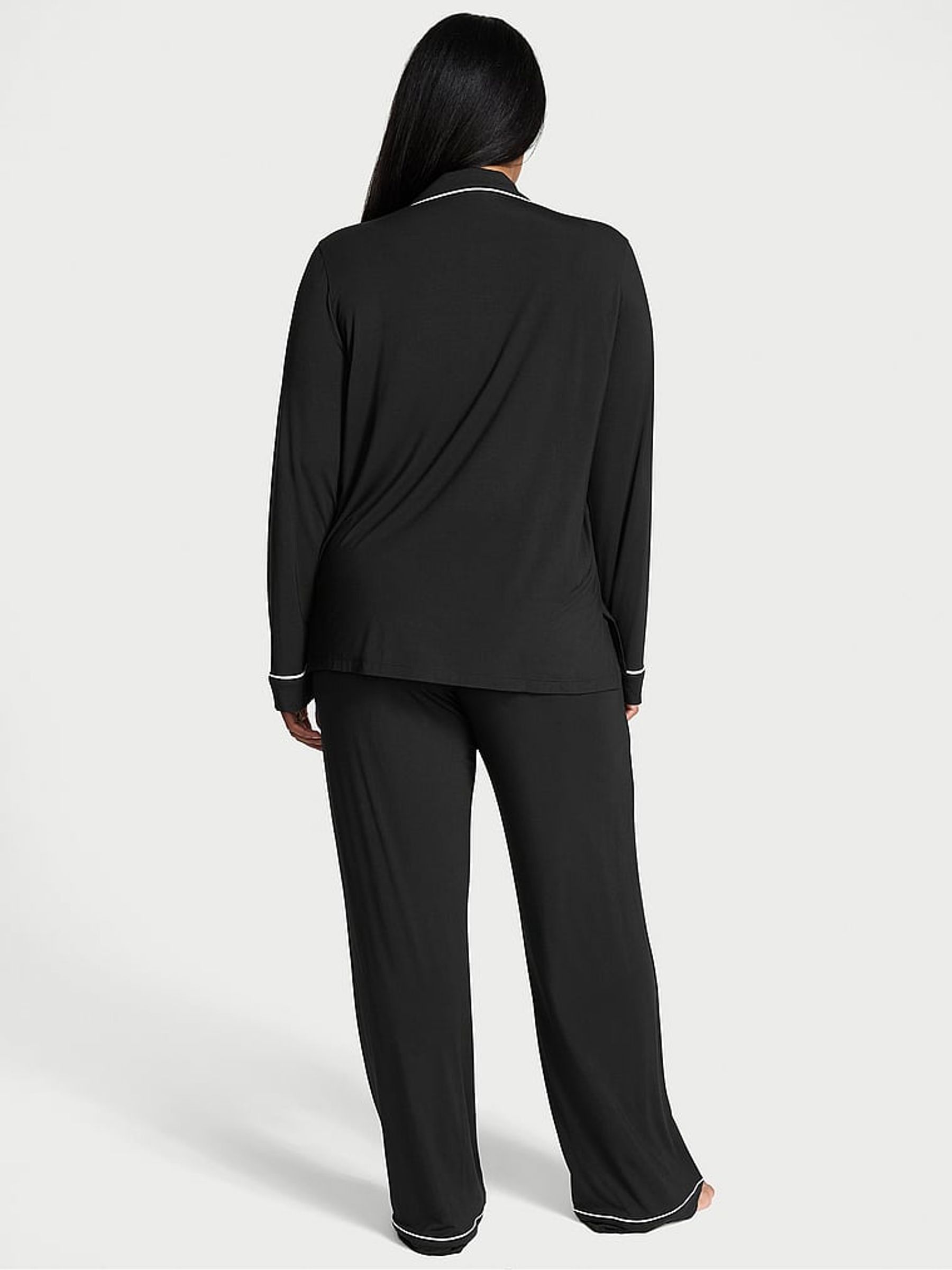 Black with Angel Pink Piping Modal Long Pyjamas Set | Victoria's
