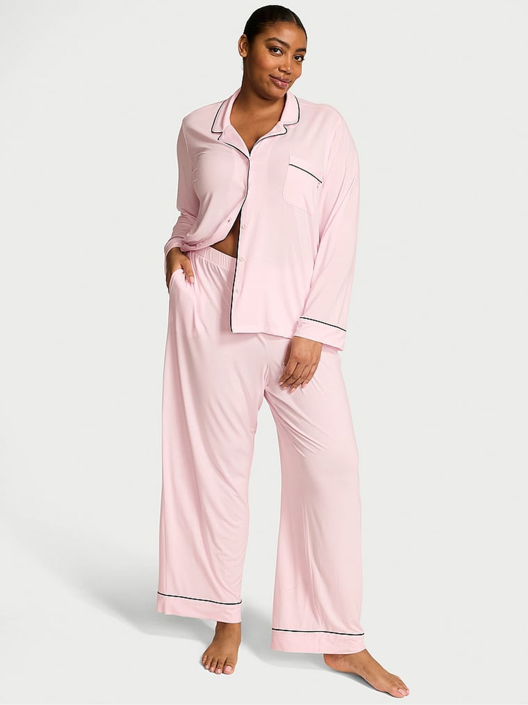 Angel Pink With Black Piping Modal Long Pyjamas Set