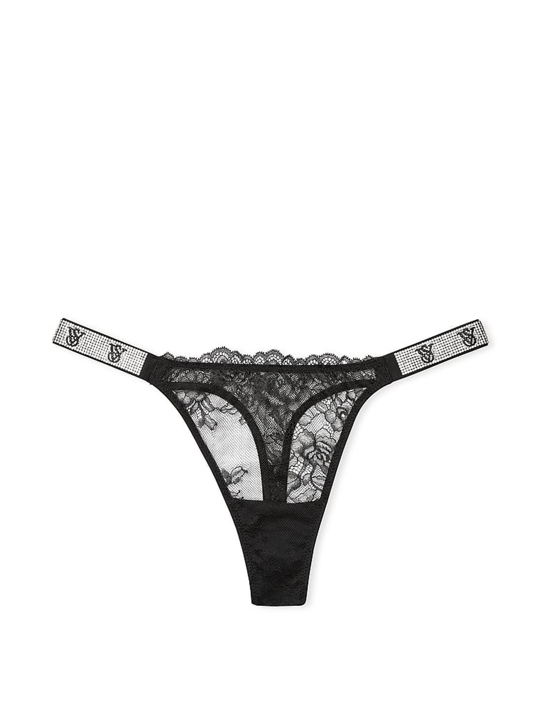 Black Thong Shine Strap Lace Knickers - Image 1 of 2