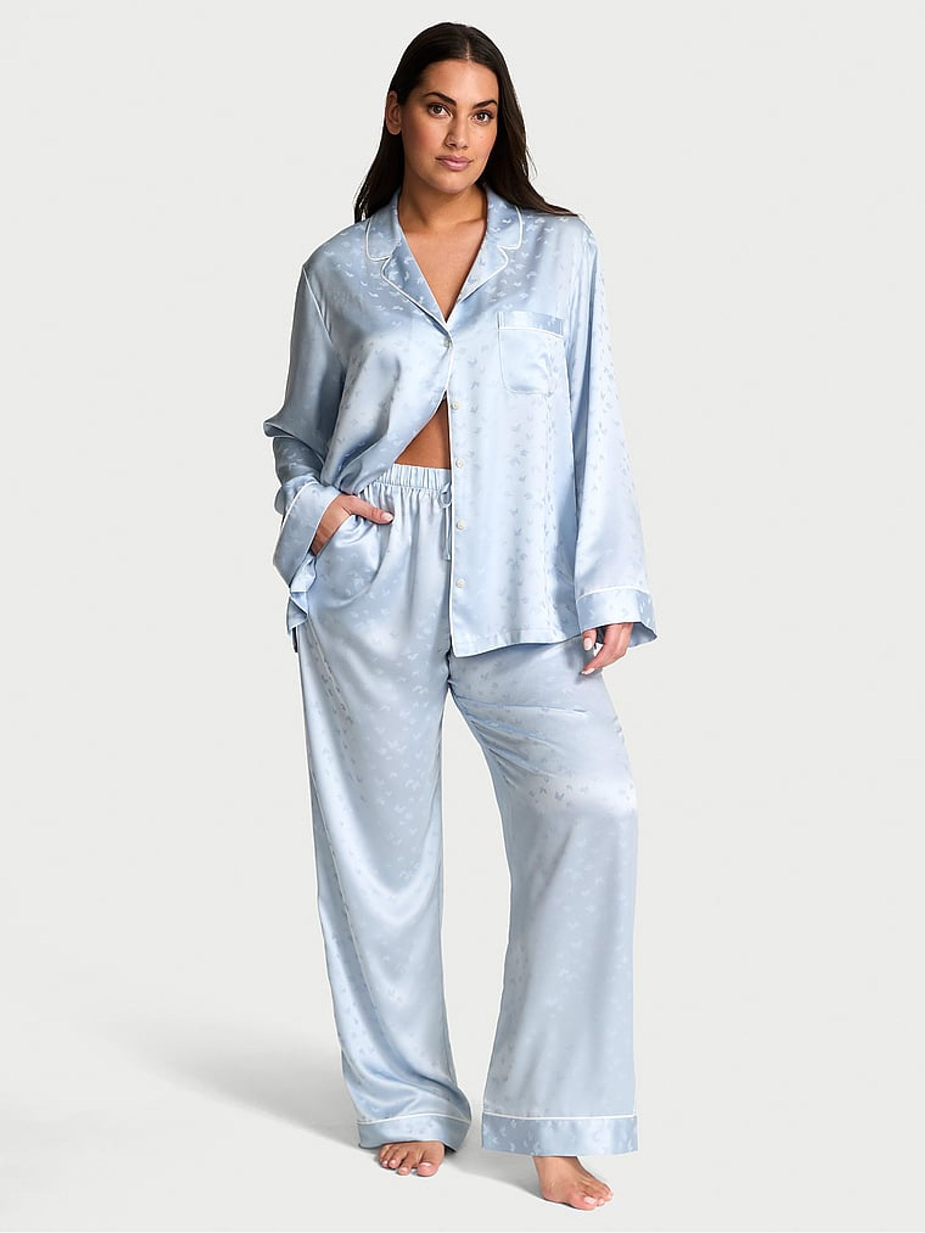 Palest Blue Butterfly Satin Long Pyjamas Set - Image 1 of 3