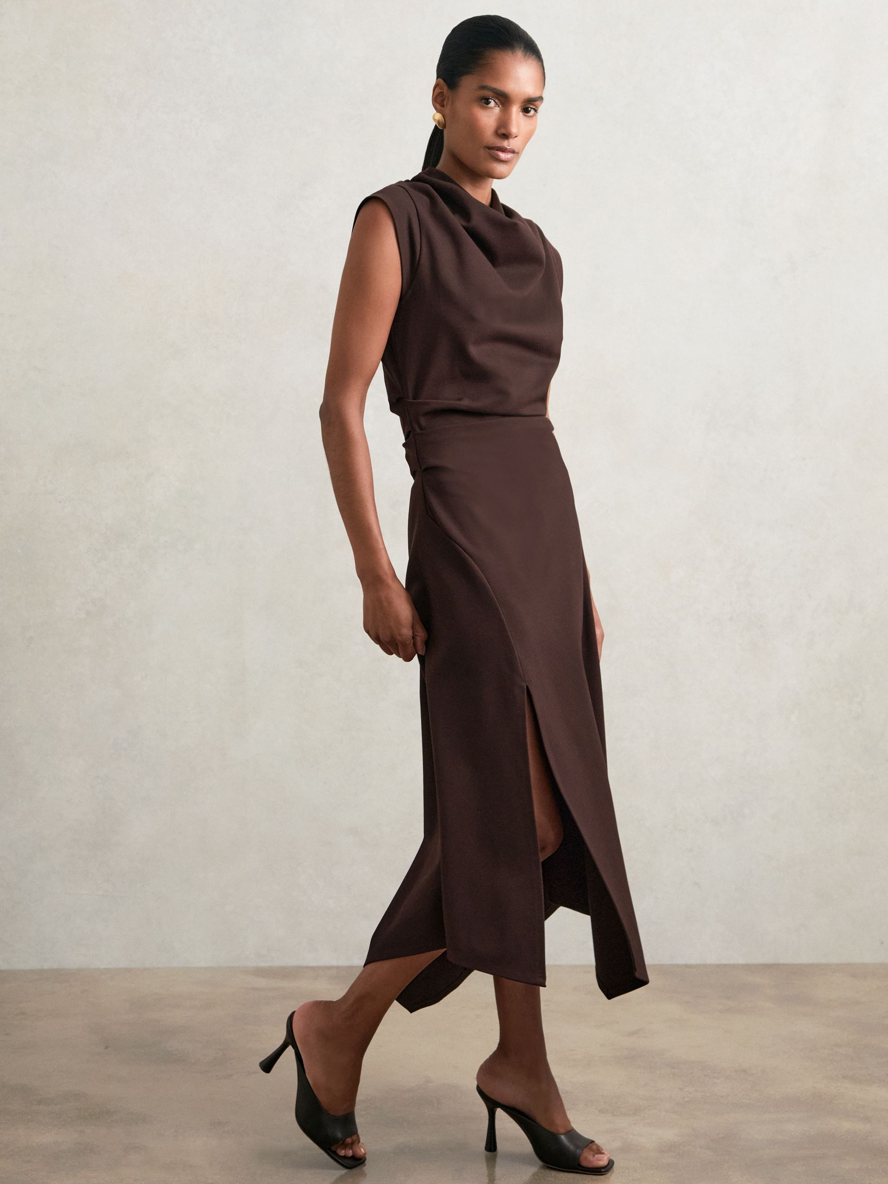 Reiss Twill Jersey Draped Midi Dress in Burgundy | REISS