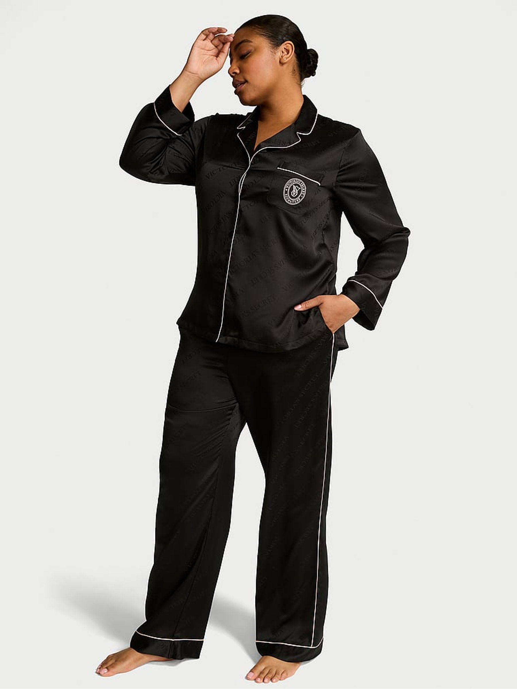 Black Satin Long Pyjamas Set