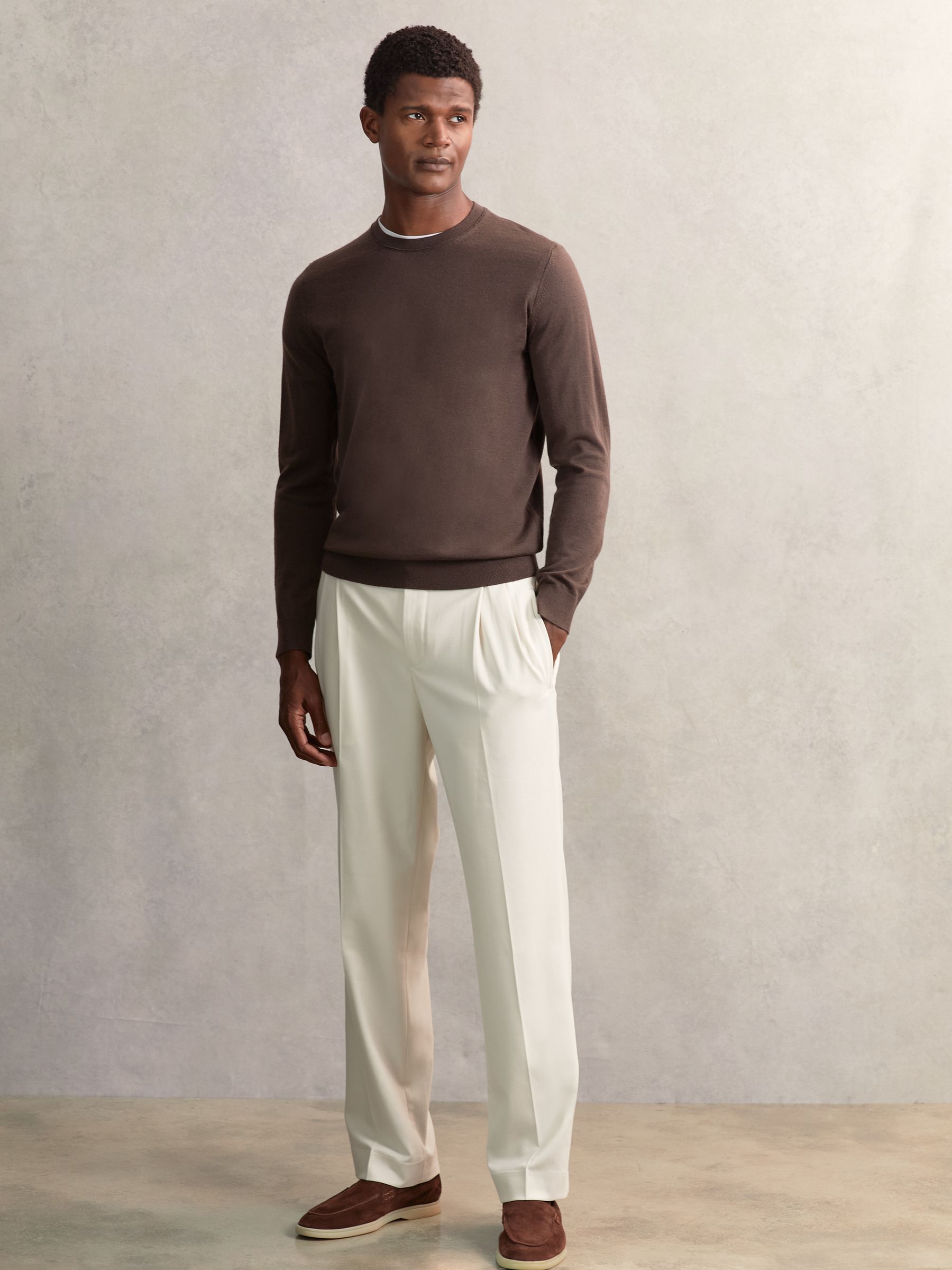 Wide Leg Pleated Drawstring Trousers in Ecru - Image 1 of 6