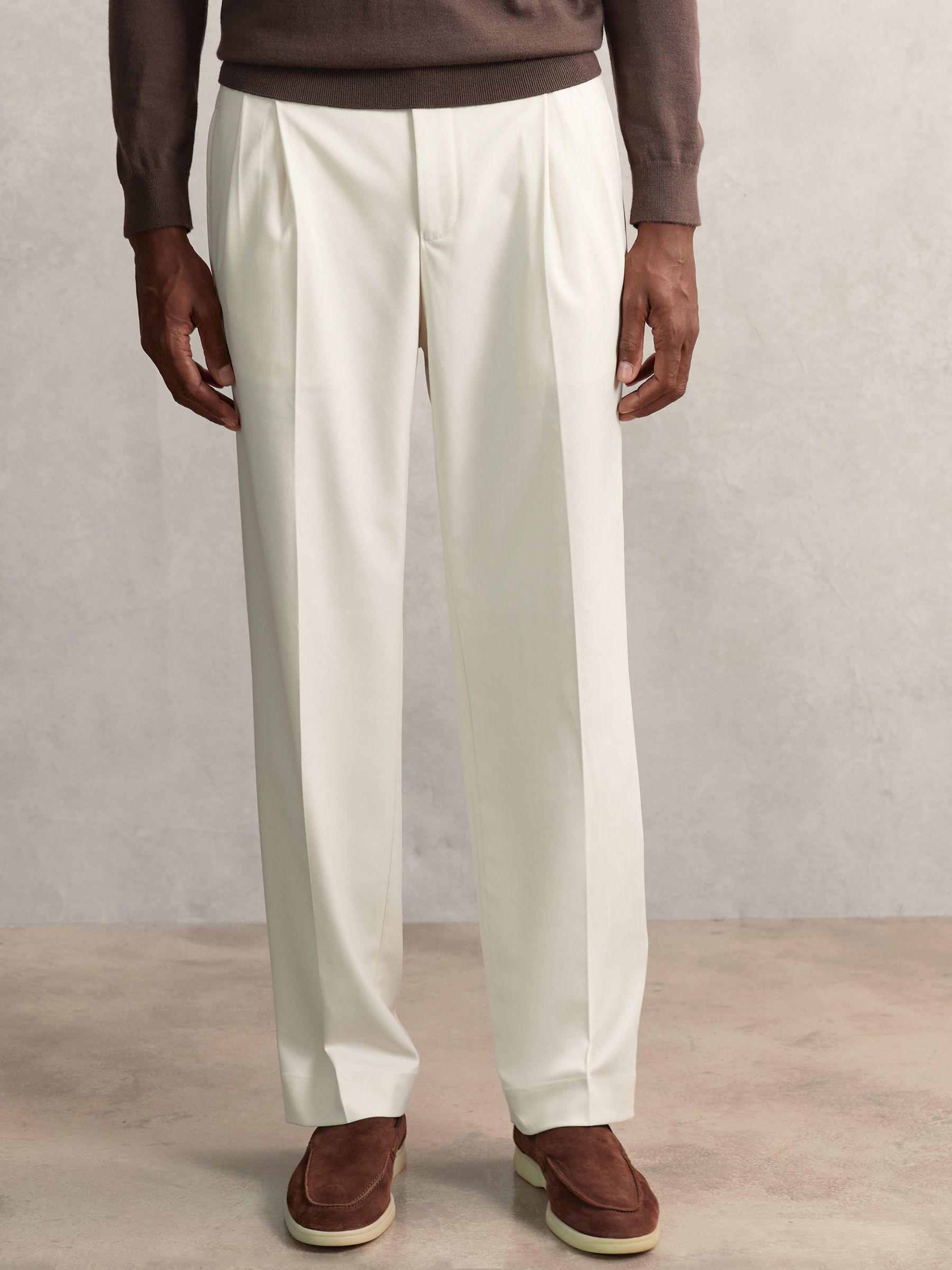 Wide Leg Pleated Drawstring Trousers in Ecru - Image 3 of 6