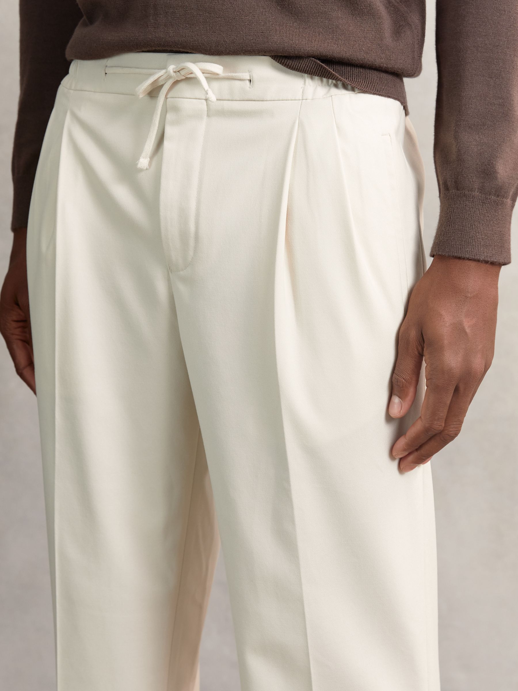 Wide Leg Pleated Drawstring Trousers in Ecru - Image 4 of 6