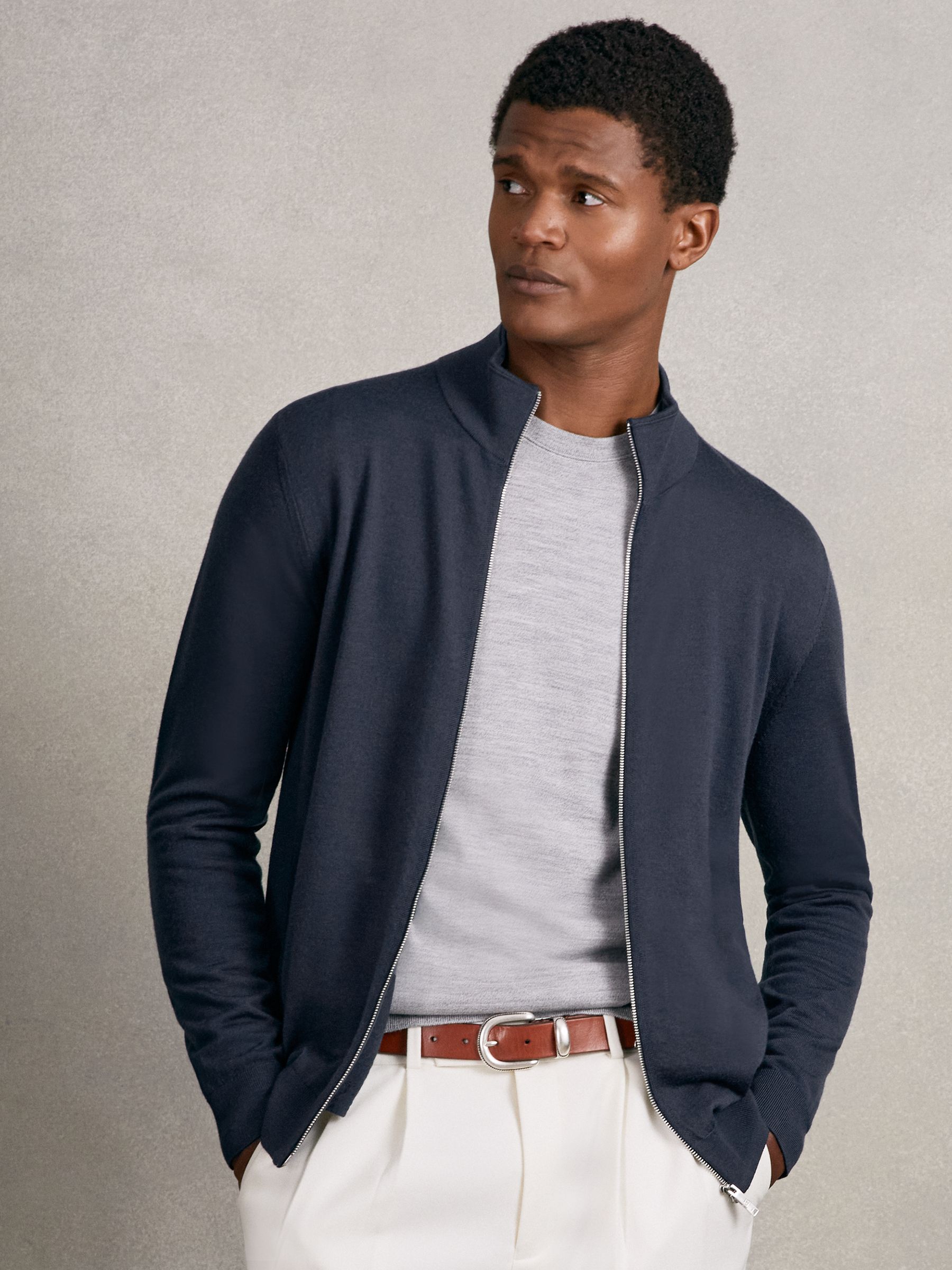 Merino Wool Zip Through Cardigan in Midnight Navy - Image 1 of 6