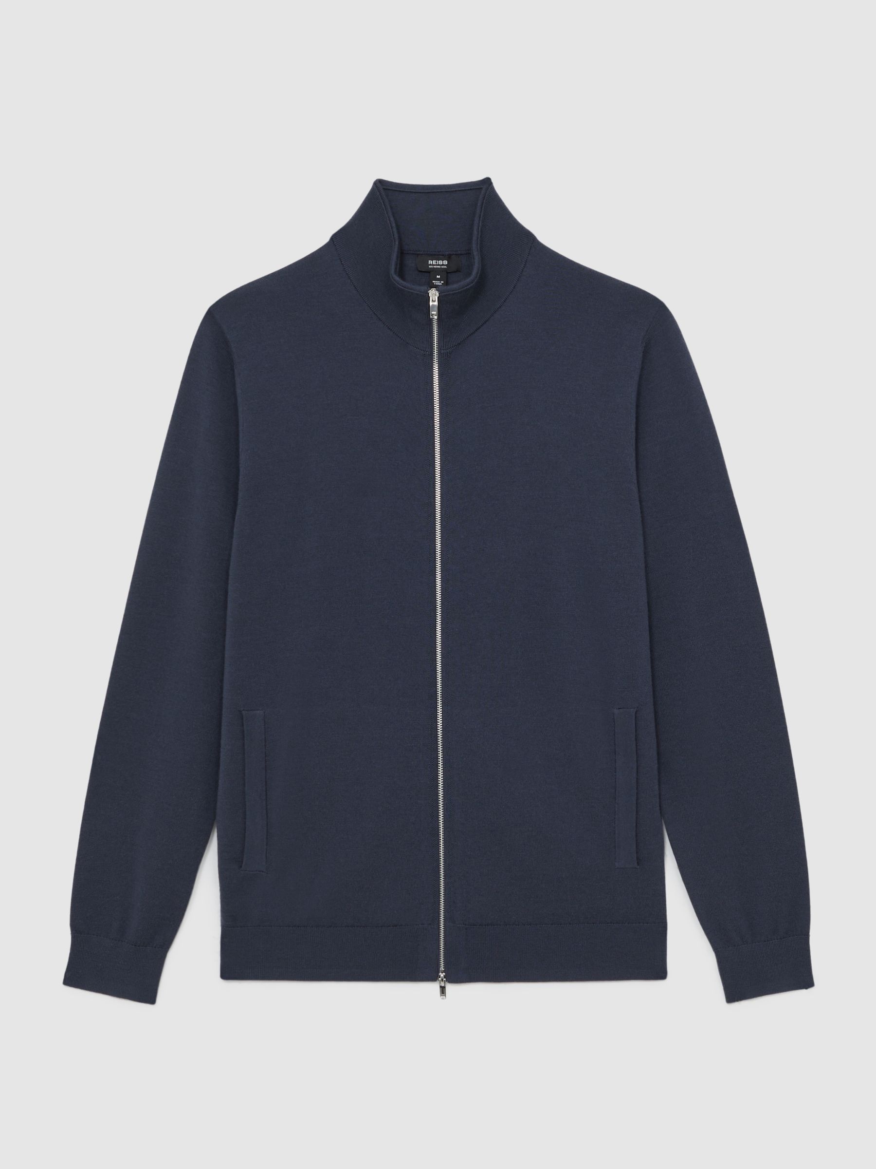 Merino Wool Zip Through Cardigan in Midnight Navy - Image 2 of 6
