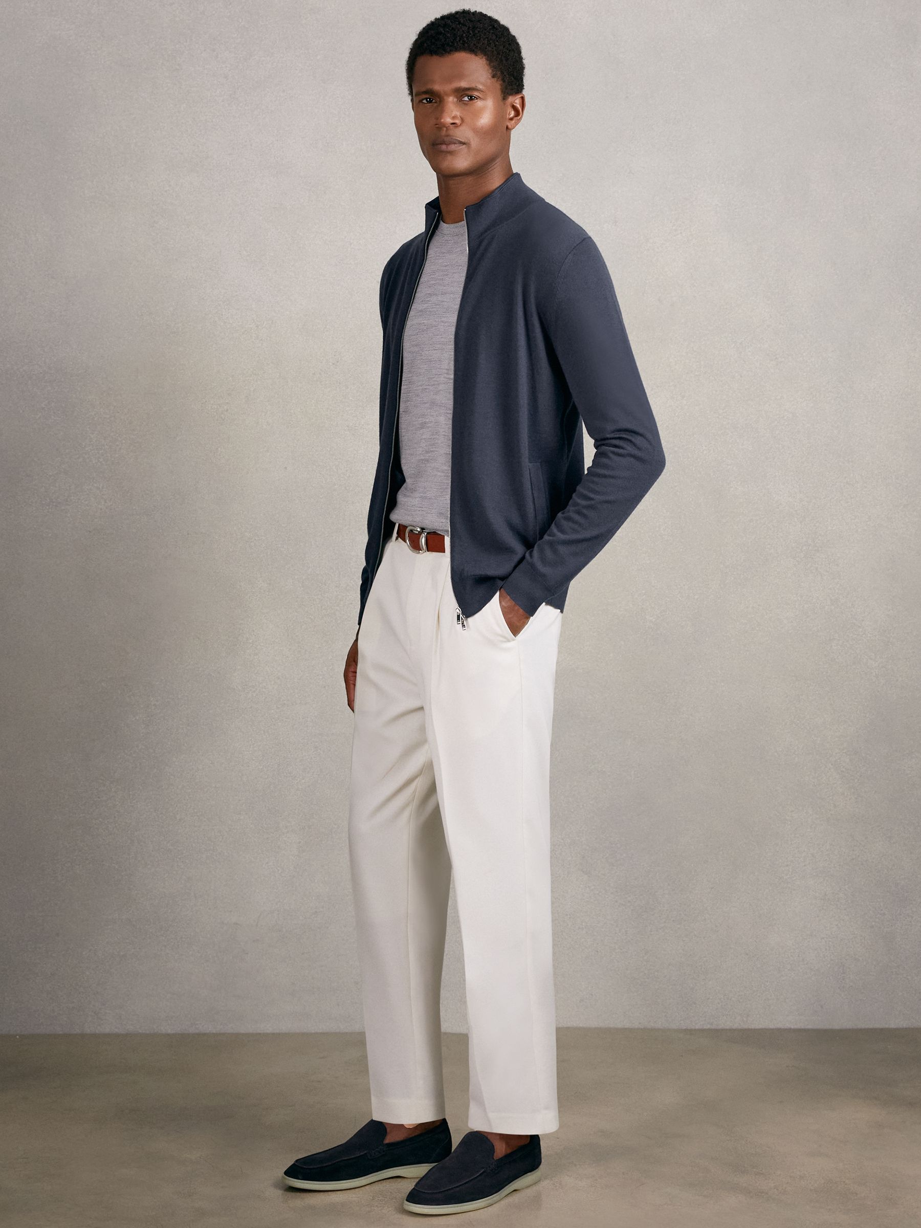 Merino Wool Zip Through Cardigan in Midnight Navy - Image 3 of 6