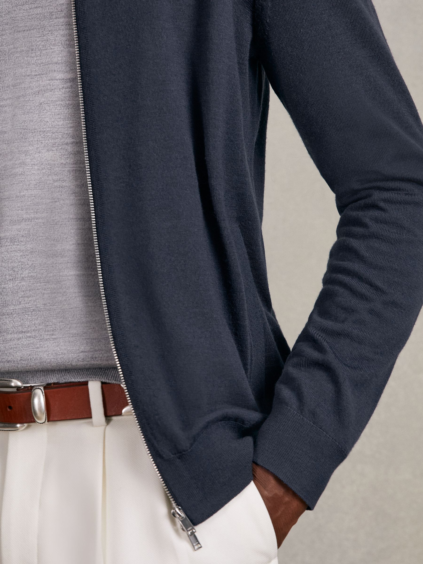 Merino Wool Zip Through Cardigan in Midnight Navy - Image 4 of 6