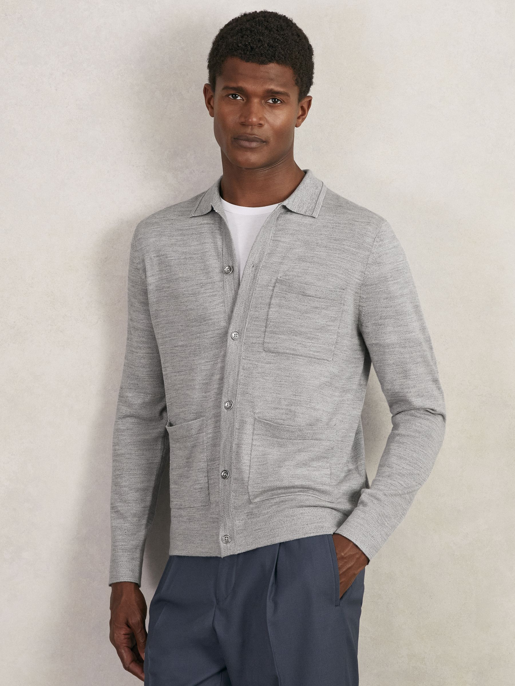 Merino Wool Button-Through Shirt in Soft Grey Mouline - Image 1 of 6