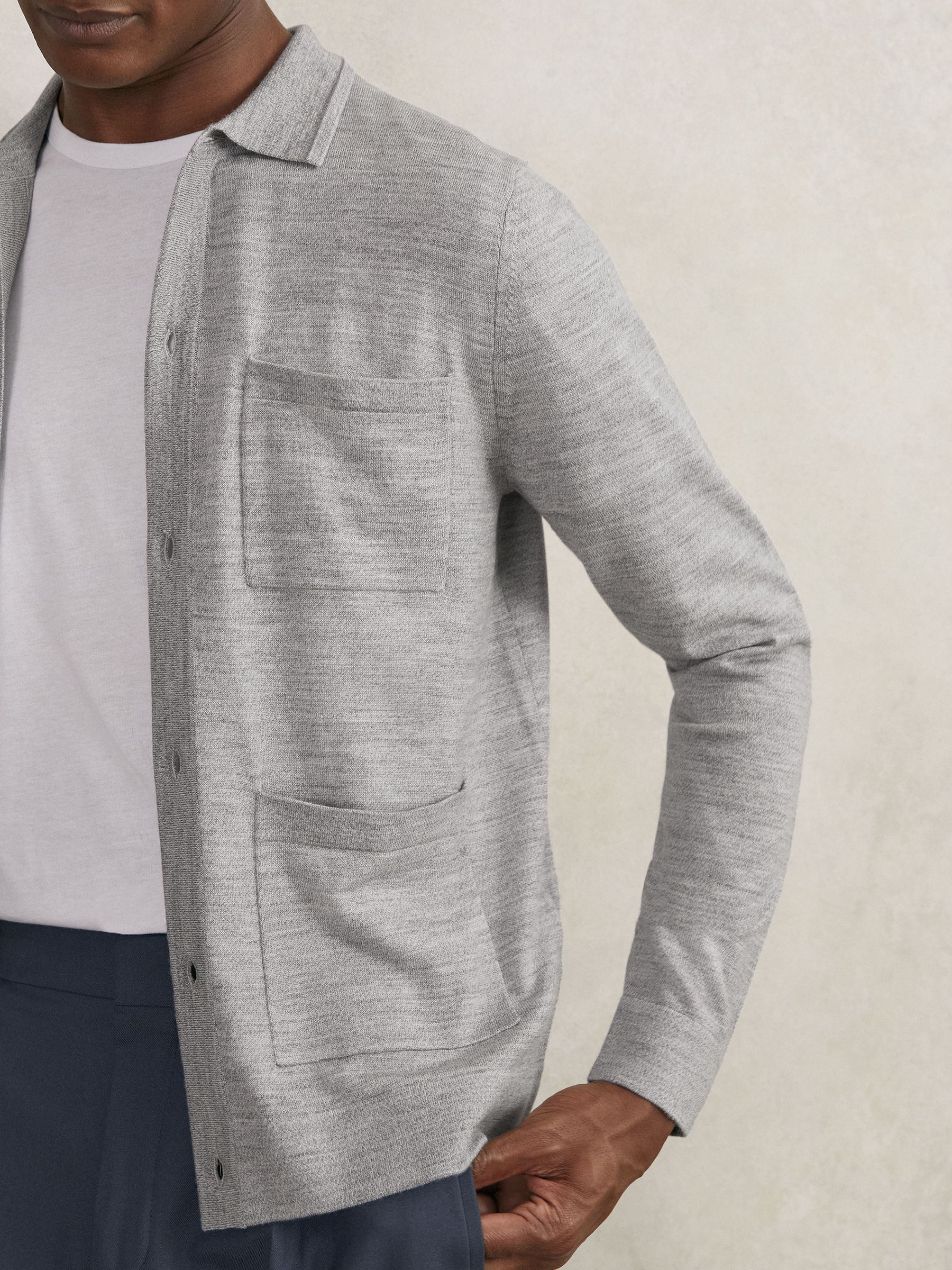 Merino Wool Button-Through Shirt in Soft Grey Mouline - Image 3 of 6