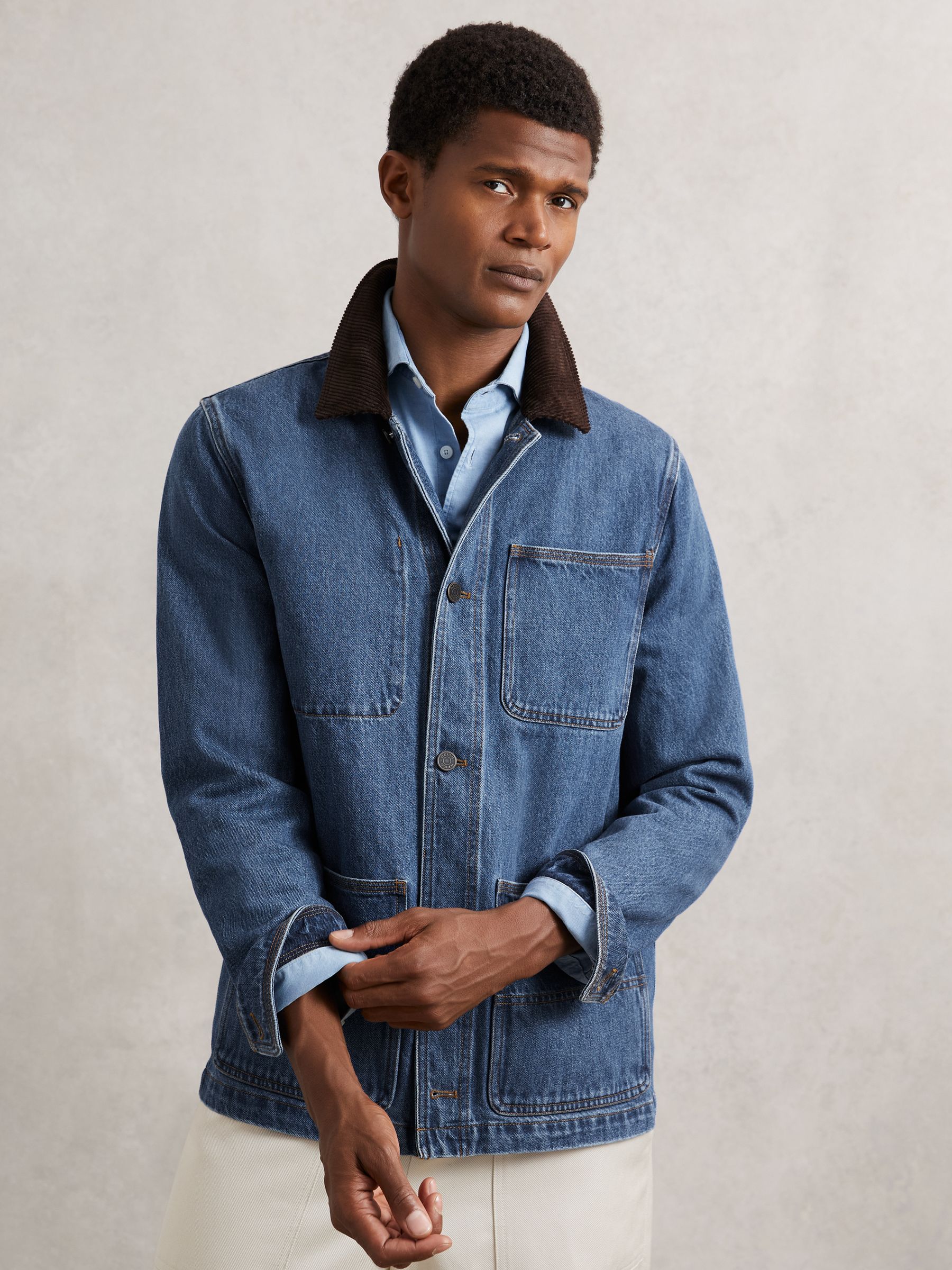 Corduroy Collar Denim Worker Jacket in Denim Blue - Image 3 of 7