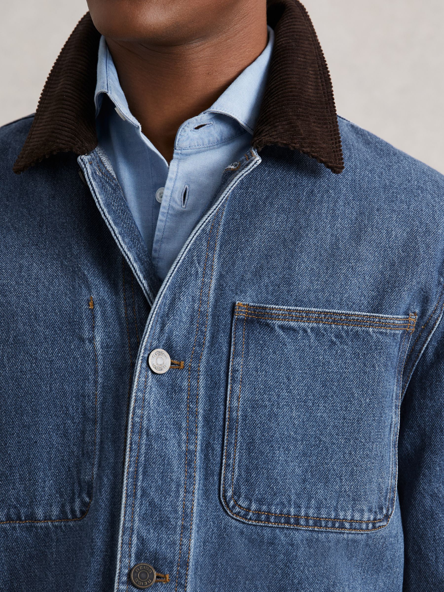 Corduroy Collar Denim Worker Jacket in Denim Blue - Image 4 of 7