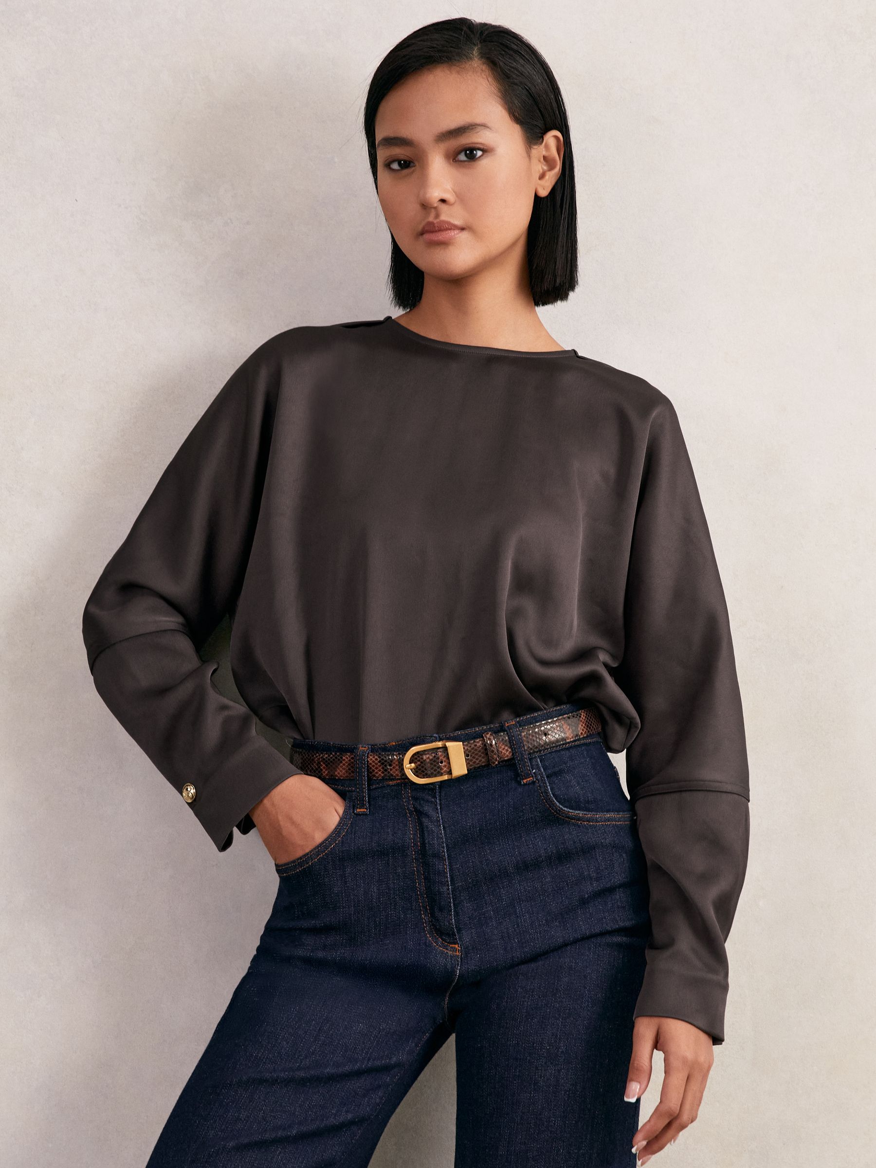 Satin Button-Back Long-Sleeve Top in Mauve - image 3