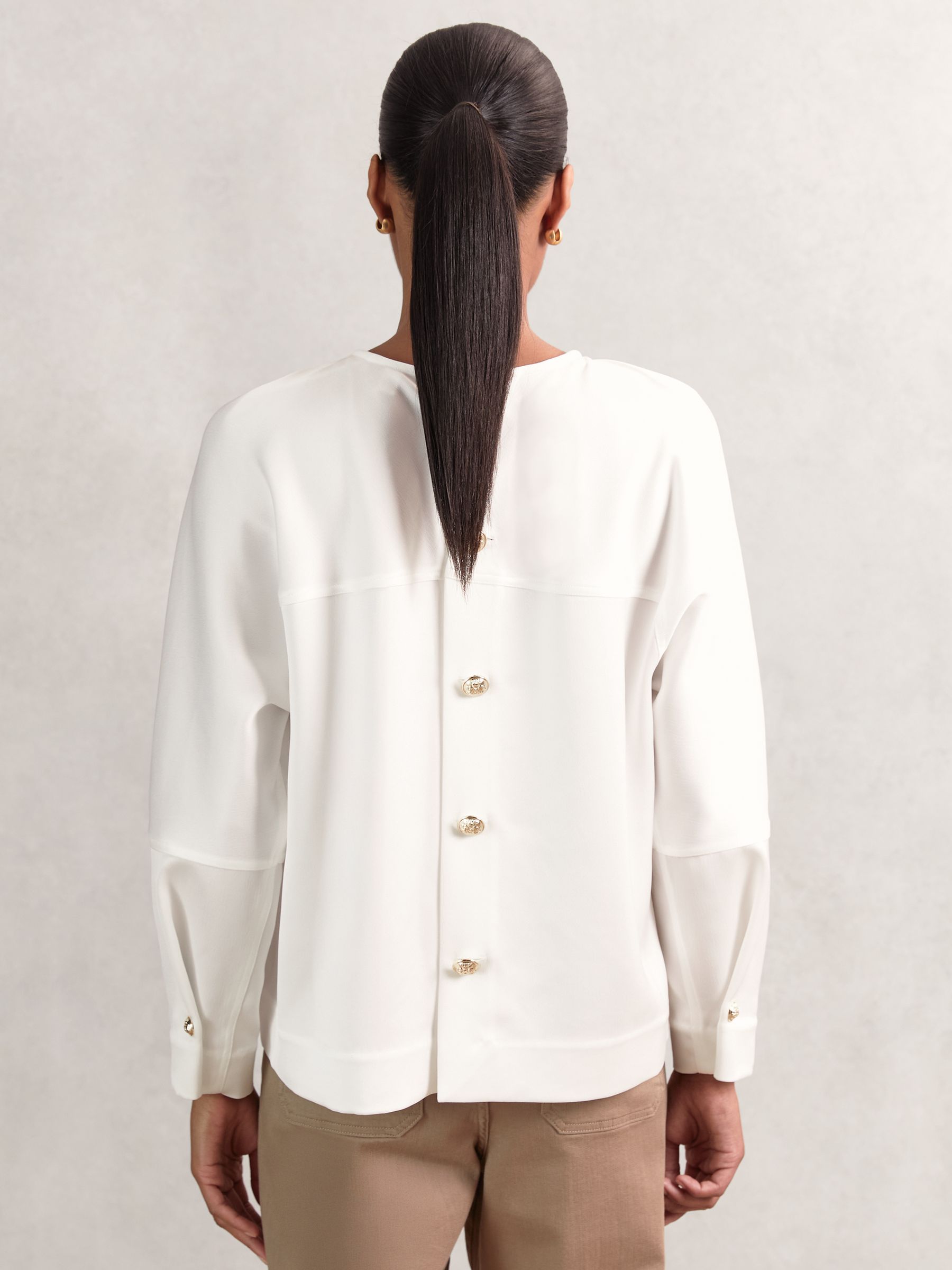 Satin Button-Back Long-Sleeve Top in Ivory - image 4