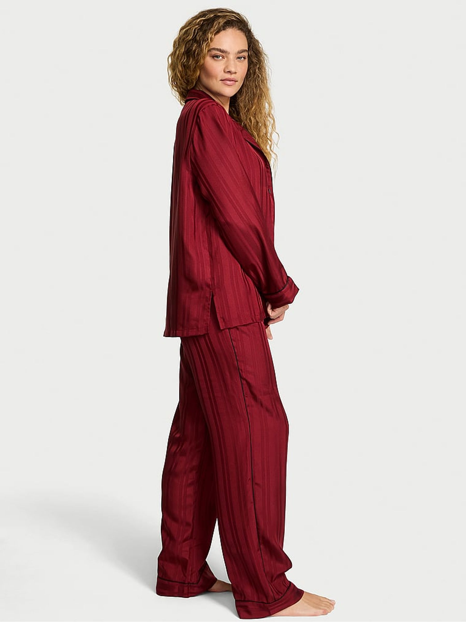 Sangria Red Stripe Jacquard Satin Long Pyjamas Set - Image 2 of 4