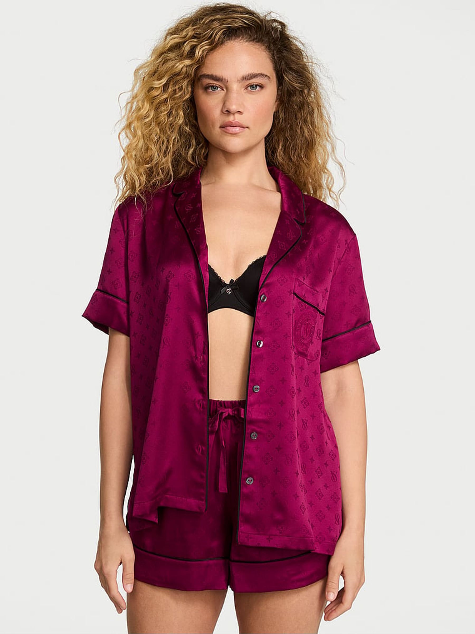 Logo Fresh Jam Jacquard Purple Satin Short Pyjamas Set - Image 1 of 3