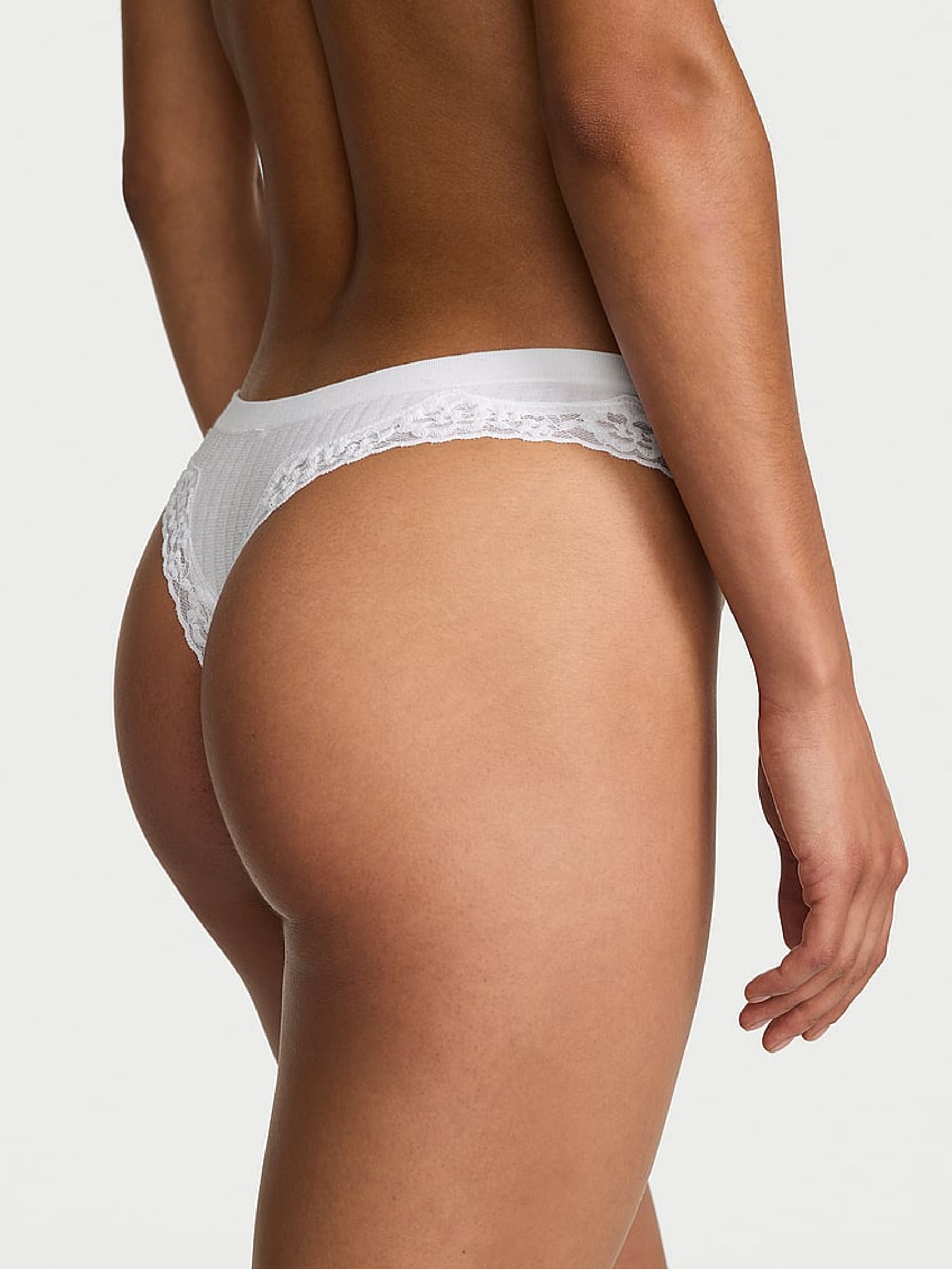 White Thong Rib Lace Trim Knickers - Image 2 of 2