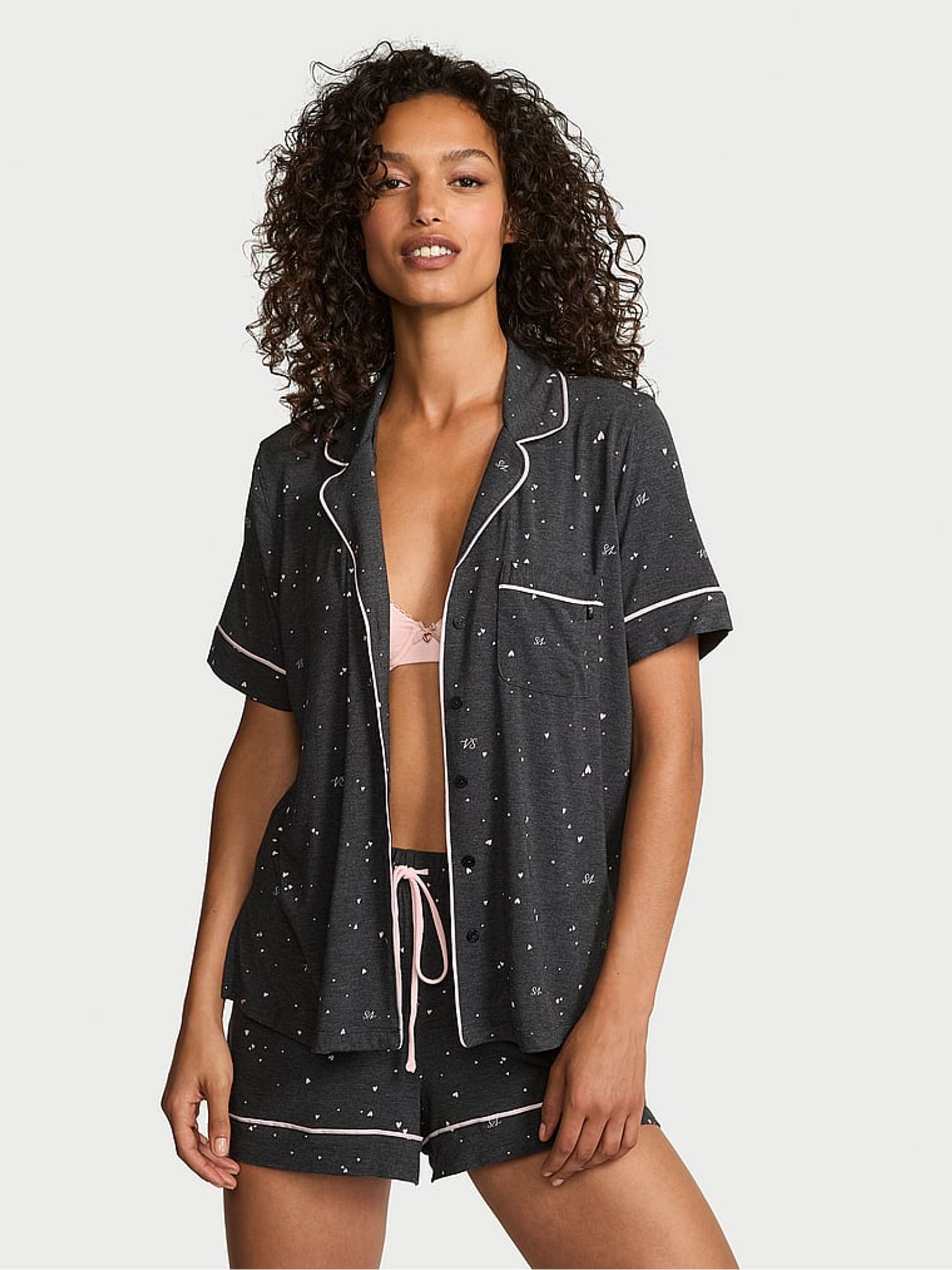 Charcoal Heather Grey & Pink Hearts Modal Short Pyjamas Set - Image 1 of 2