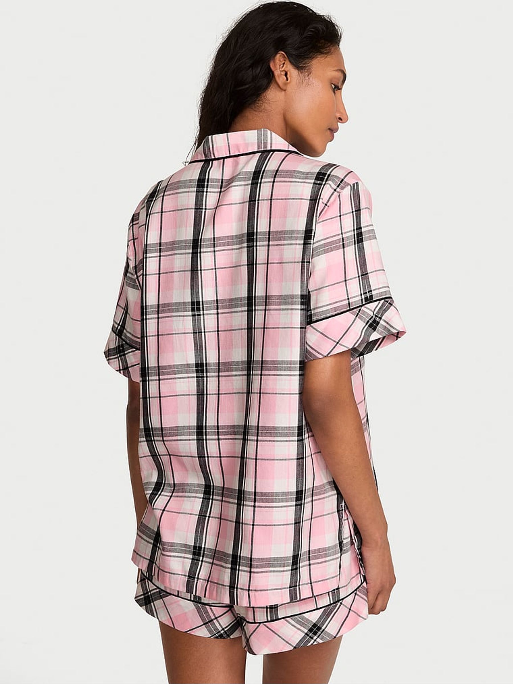 Coconut White/Black/Gold/Pink Plaid Flannel Short Pyjamas Set - Image 2 of 3