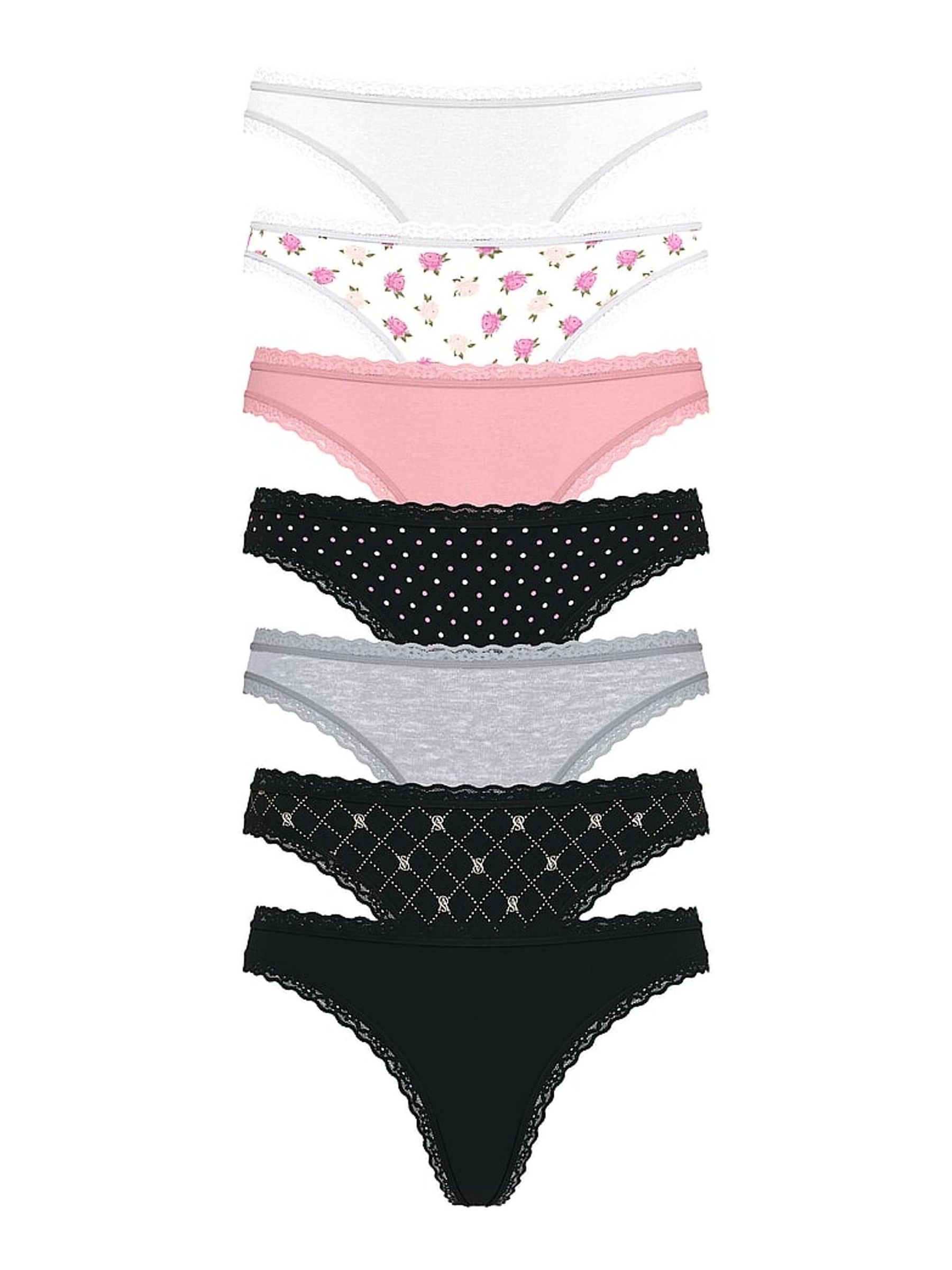 White/Pink/Black/Grey Thong 7 Pack Lace Trim Knickers - Image 1 of 2