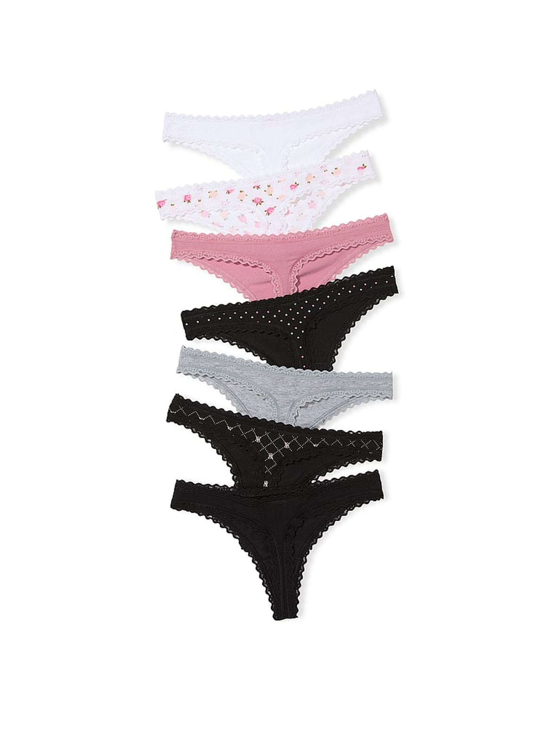 White/Pink/Black/Grey Thong 7 Pack Lace Trim Knickers - Image 2 of 2